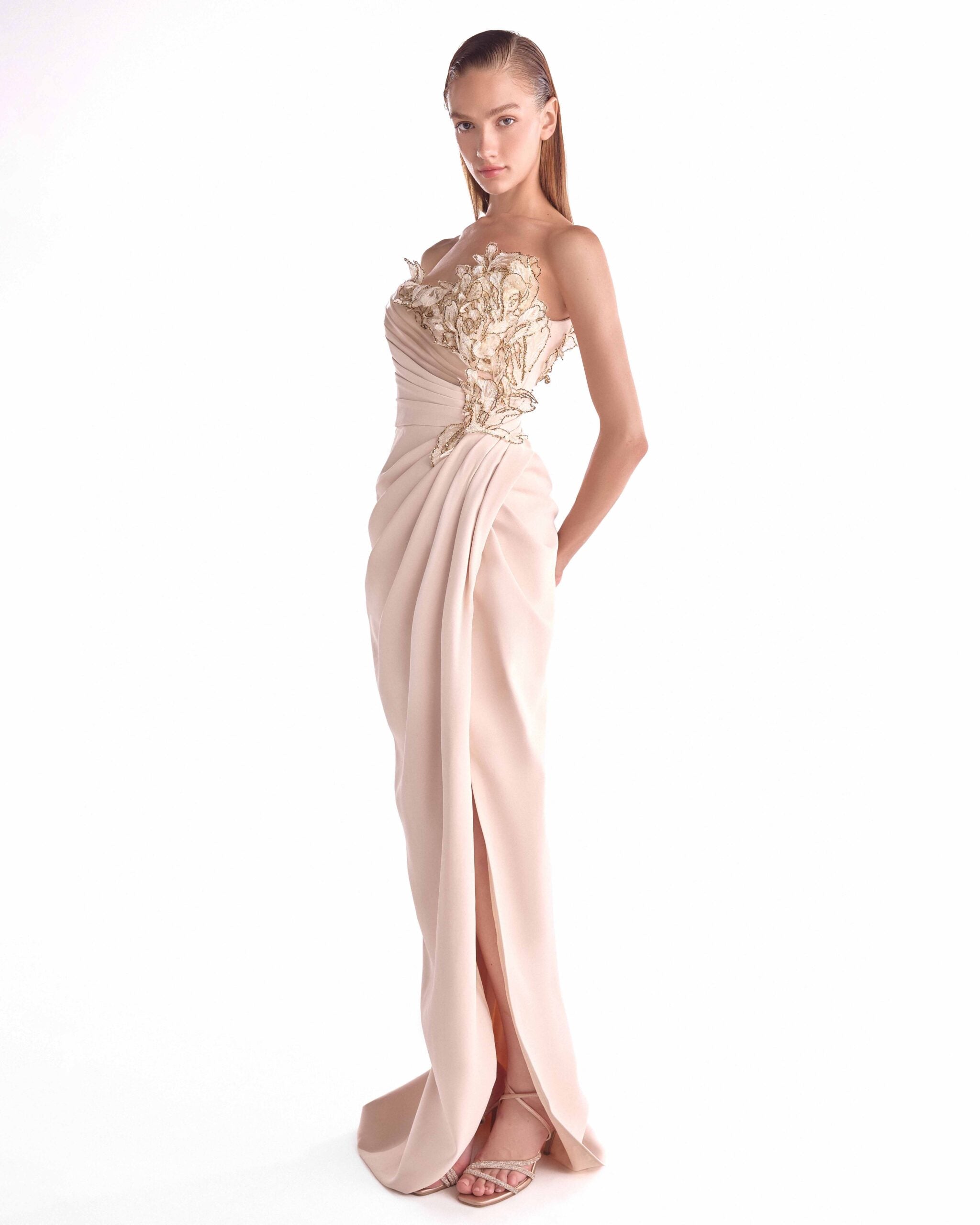 Golden Floral Embellishment Bloom, Nude Draped Gown G2107