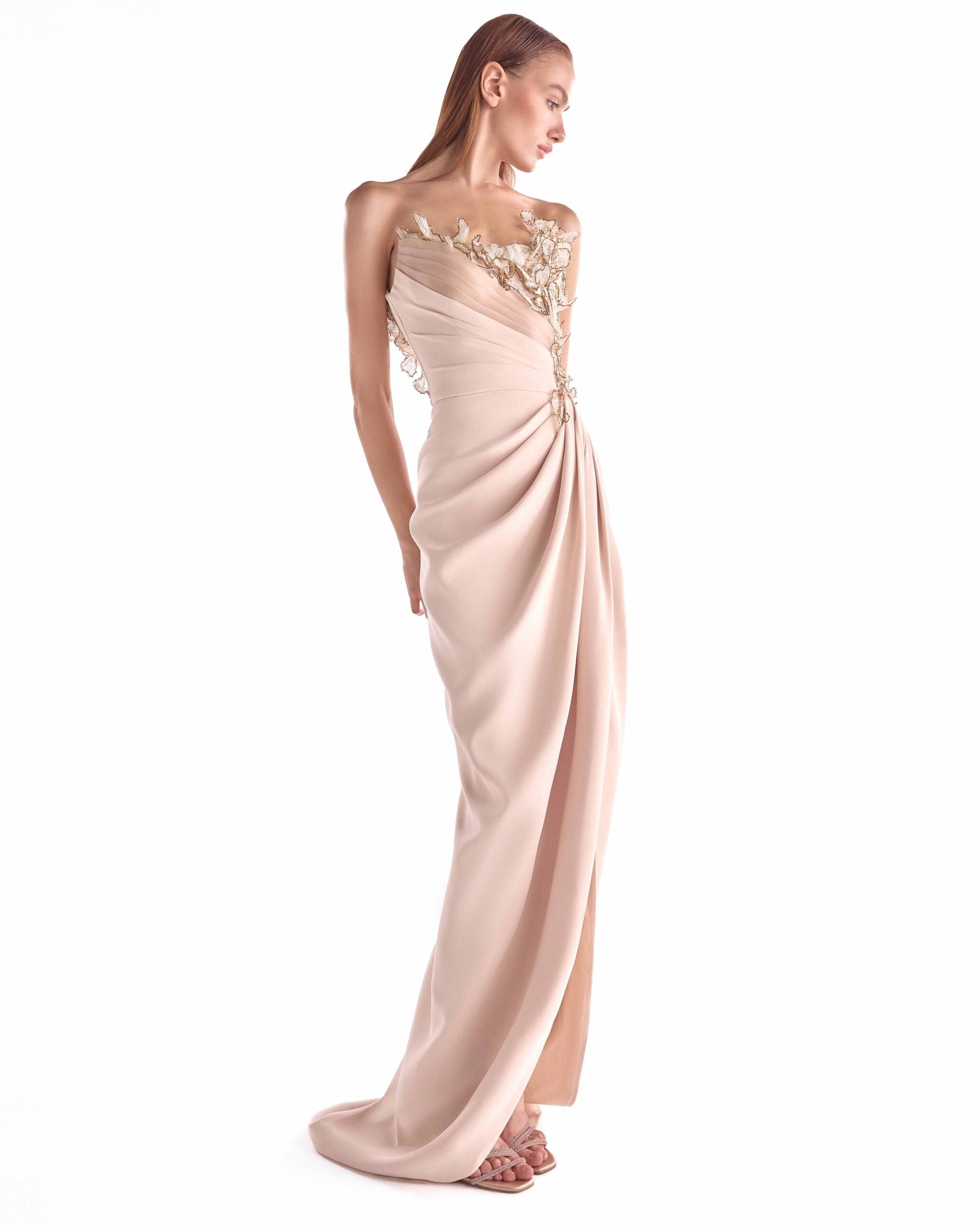 Golden Floral Embellishment Bloom, Nude Draped Gown G2107