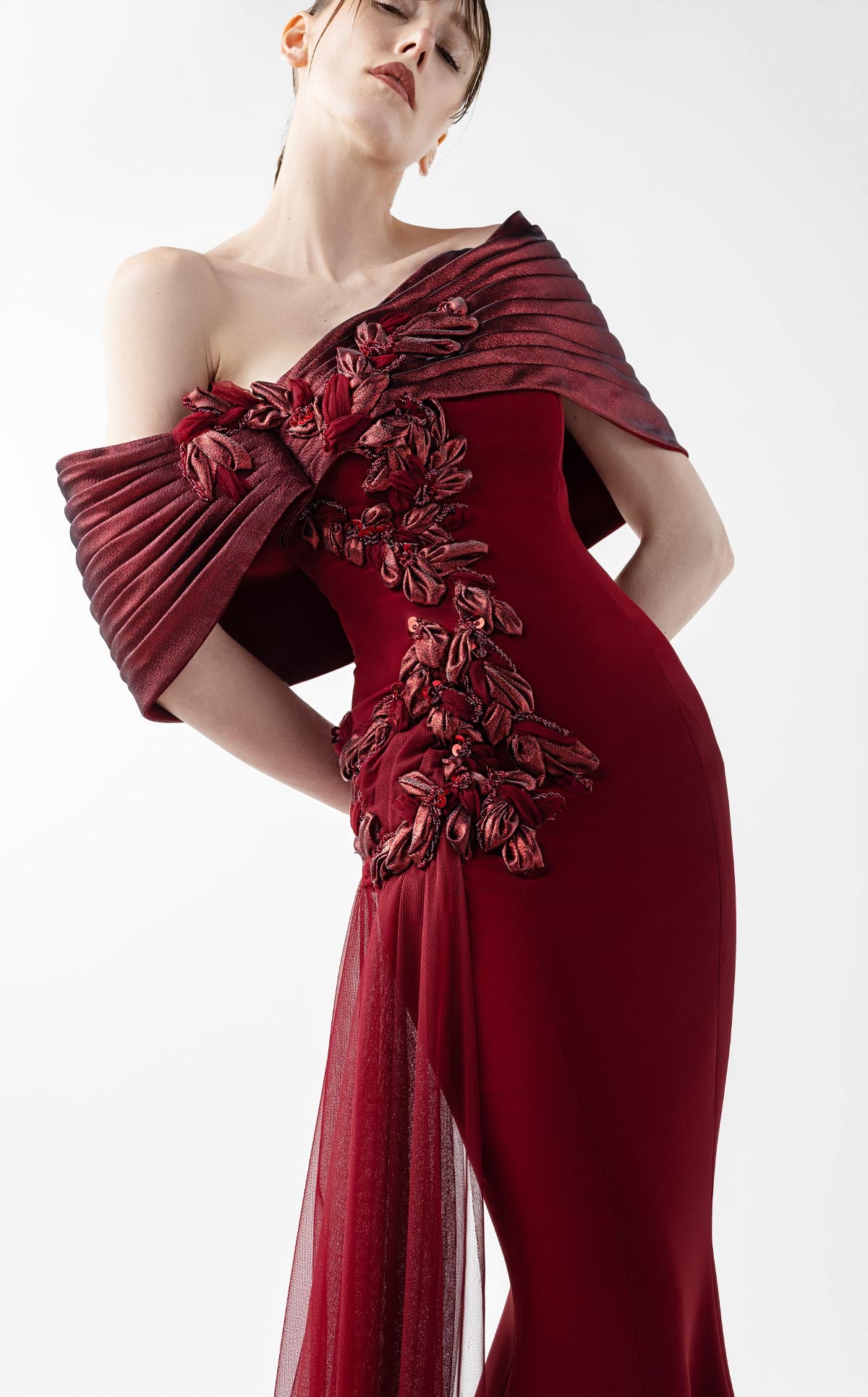 Grand Bordeaux Mermaid Gown with Embroidered Organza G2022
