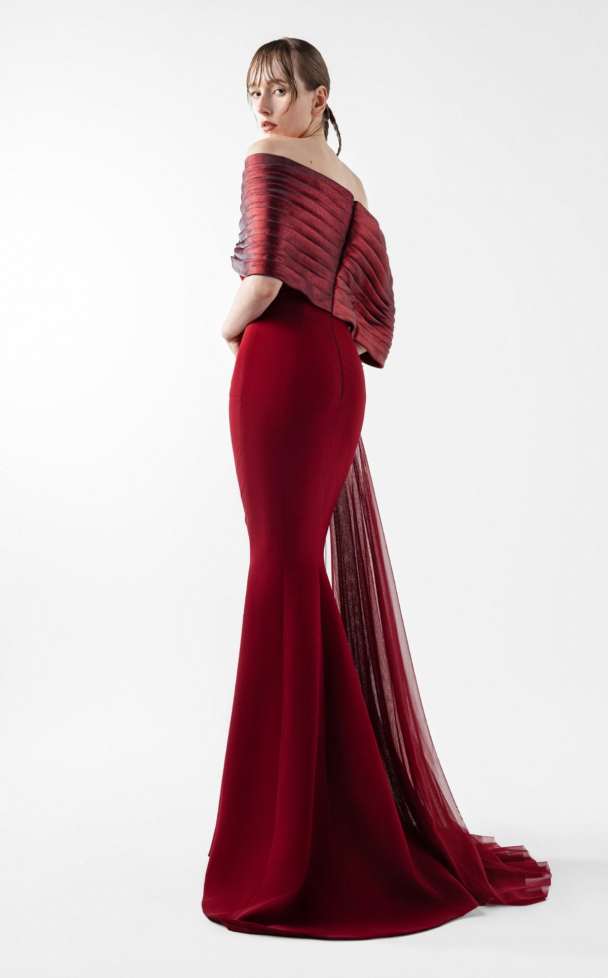 Grand Bordeaux Mermaid Gown with Embroidered Organza G2022