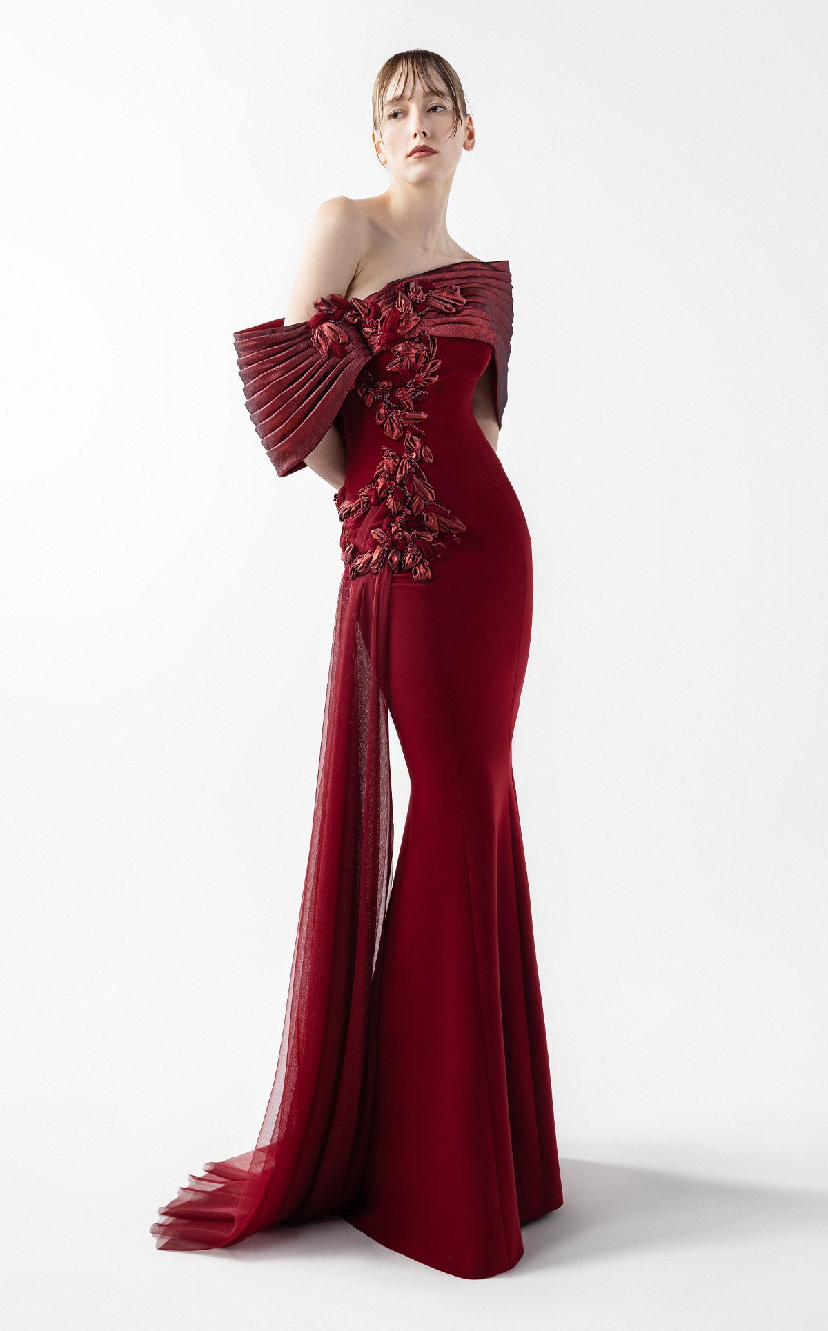 Grand Bordeaux Mermaid Gown with Embroidered Organza G2022