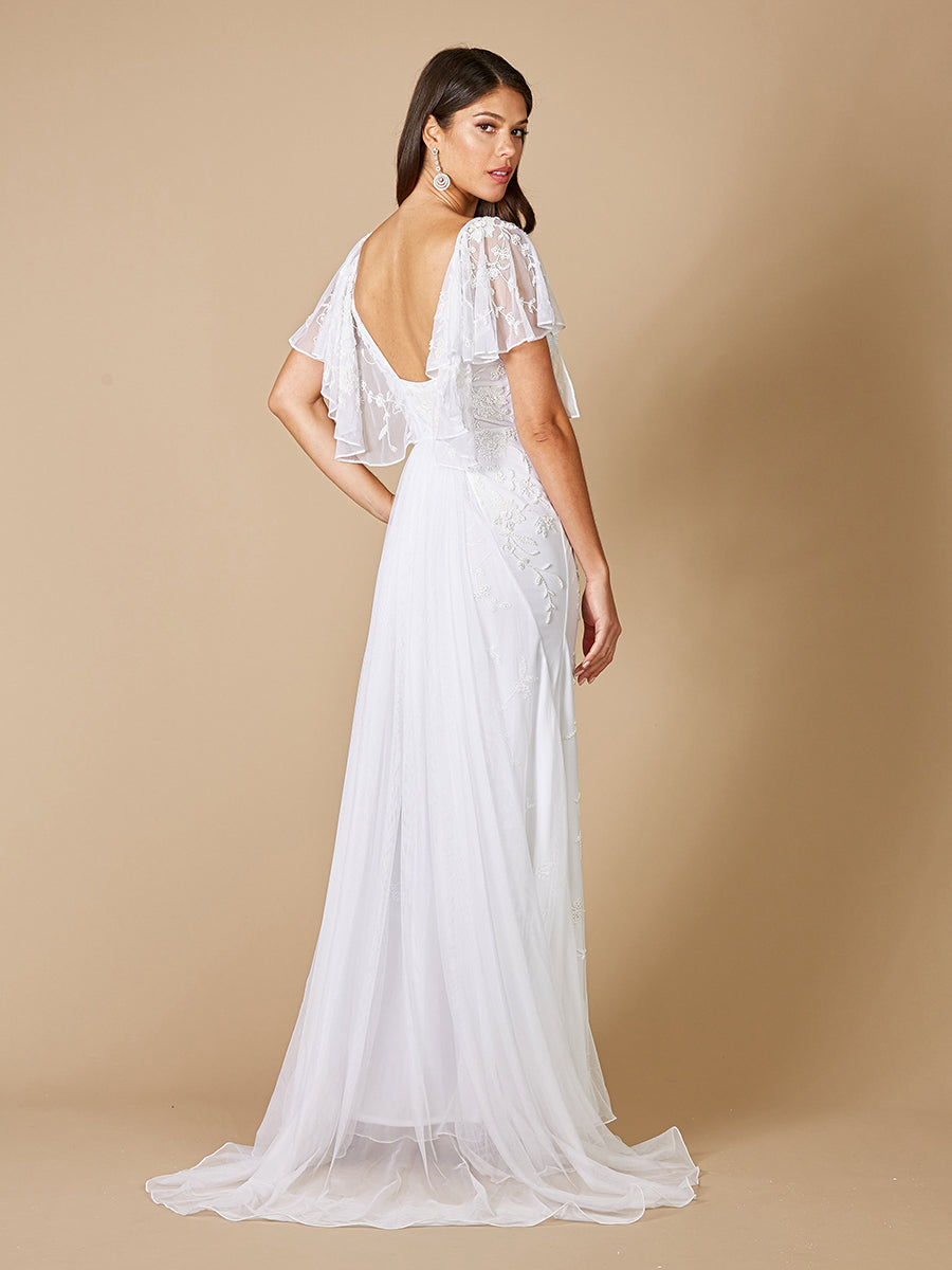 Greyson Beaded Flutter Sleeve Wedding Dress with Tulle Train 51056