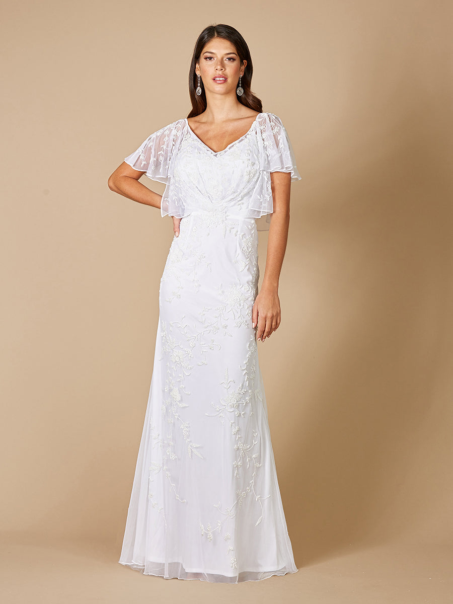 Greyson Beaded Flutter Sleeve Wedding Dress with Tulle Train 51056