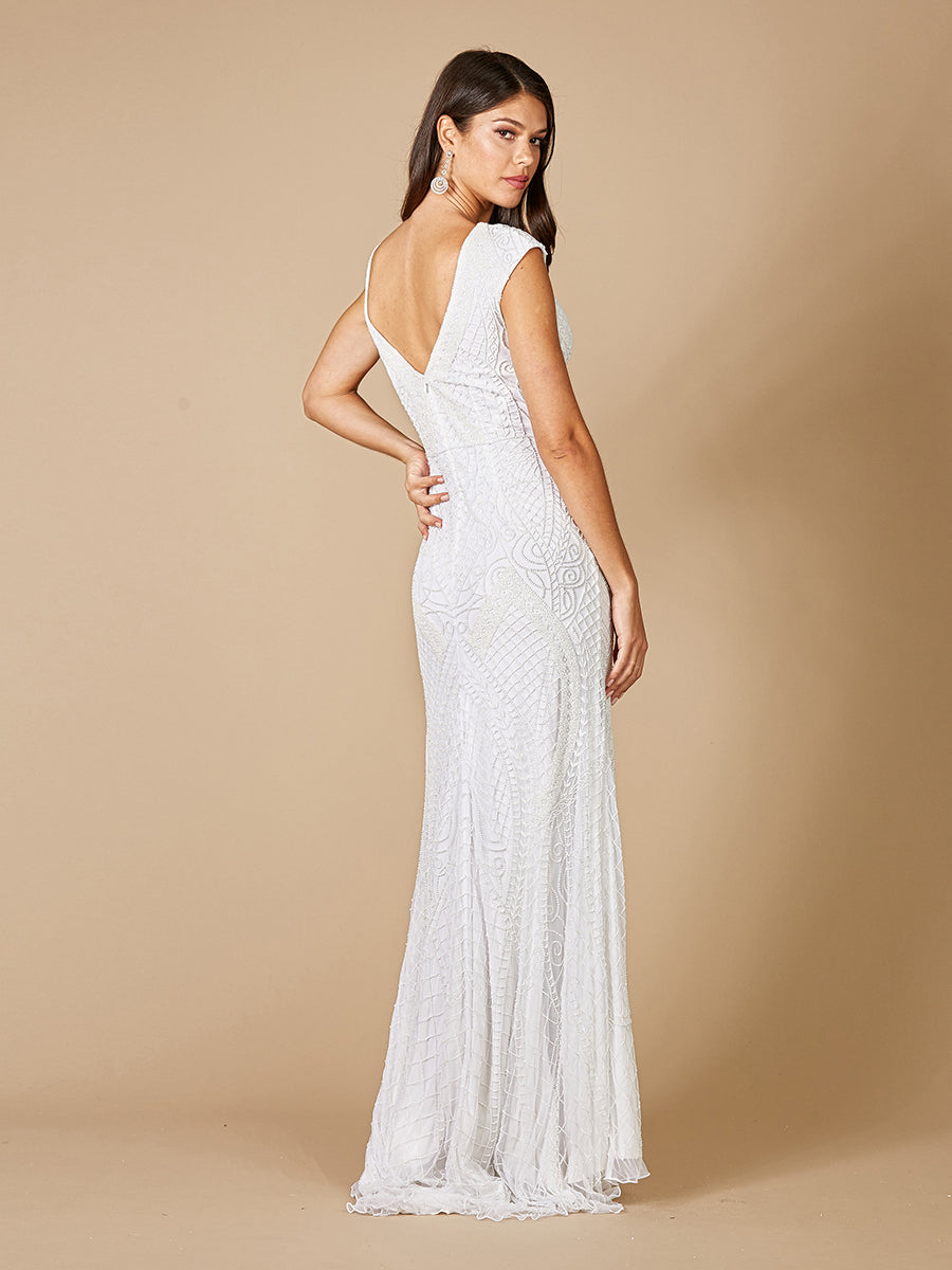 Gwen Beaded Short Sleeve Wedding Dress with V-Neckline 51071