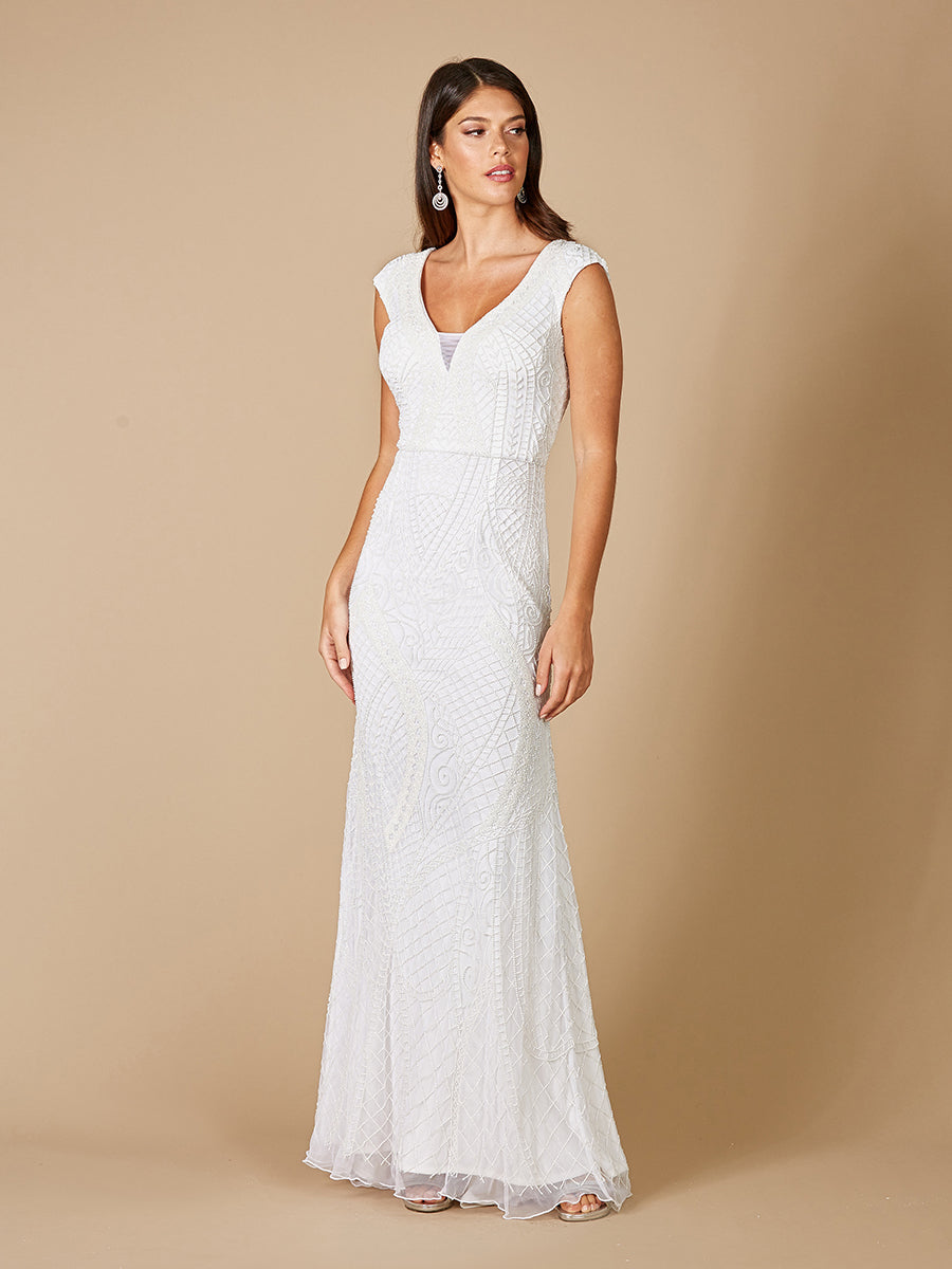 Gwen Beaded Short Sleeve Wedding Dress with V-Neckline 51071