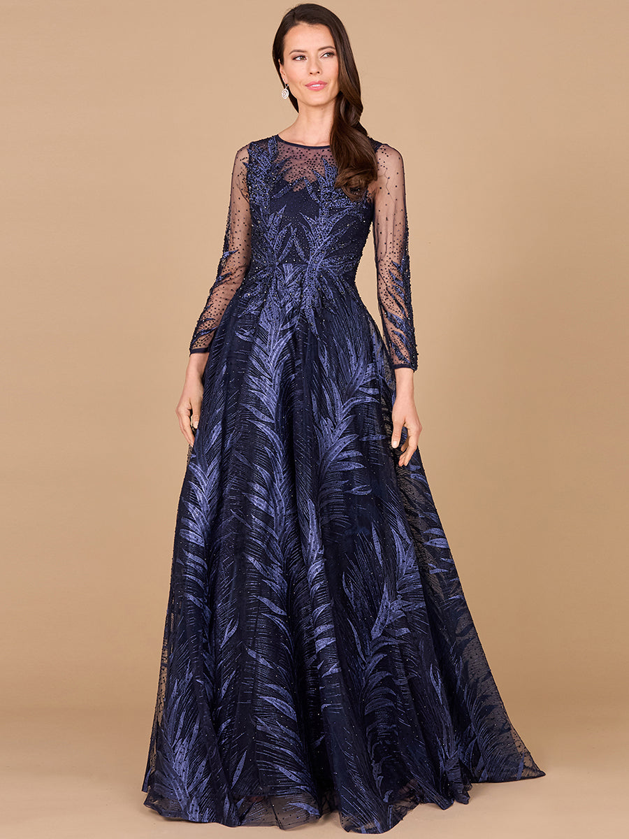High Neck Sheer Long Sleeve Embellished Gown 29761