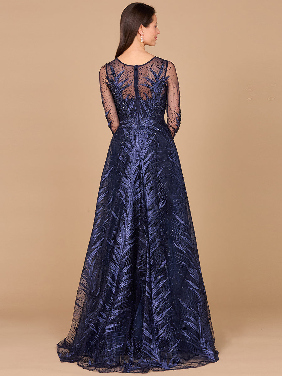 High Neck Sheer Long Sleeve Embellished Gown 29761
