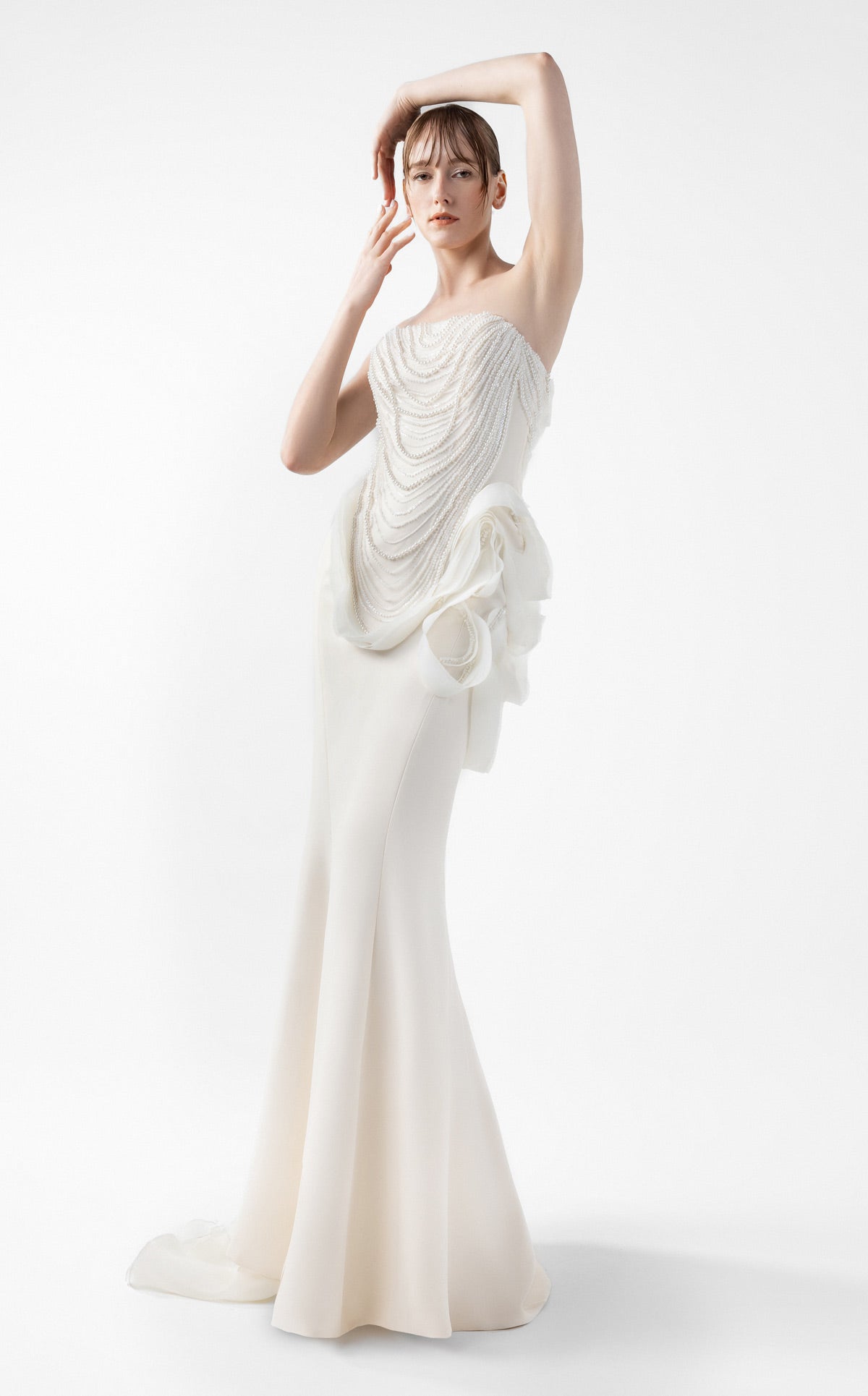 Iridescent Pearl Mermaid Gown with Petal Accents G2015