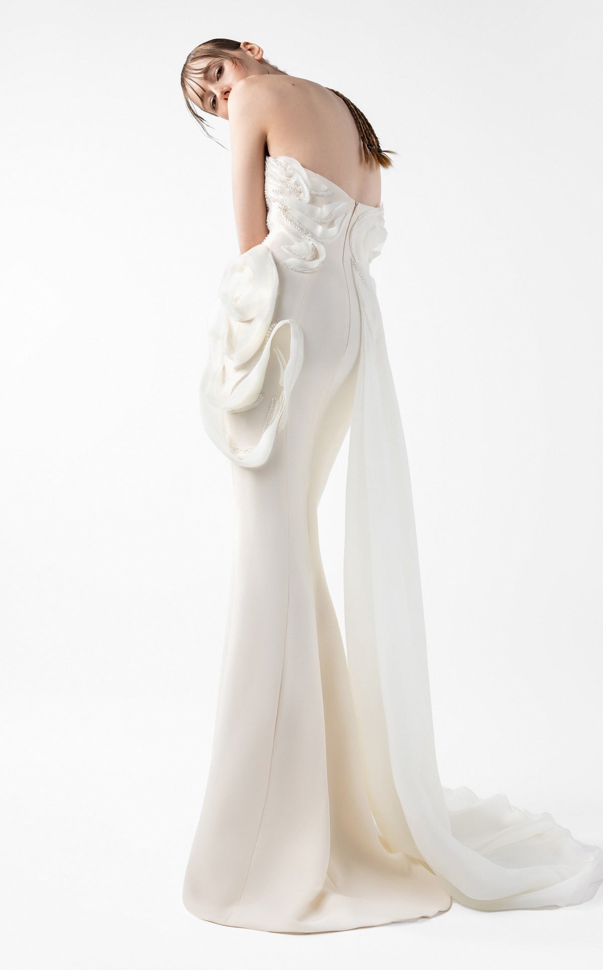 Iridescent Pearl Mermaid Gown with Petal Accents G2015