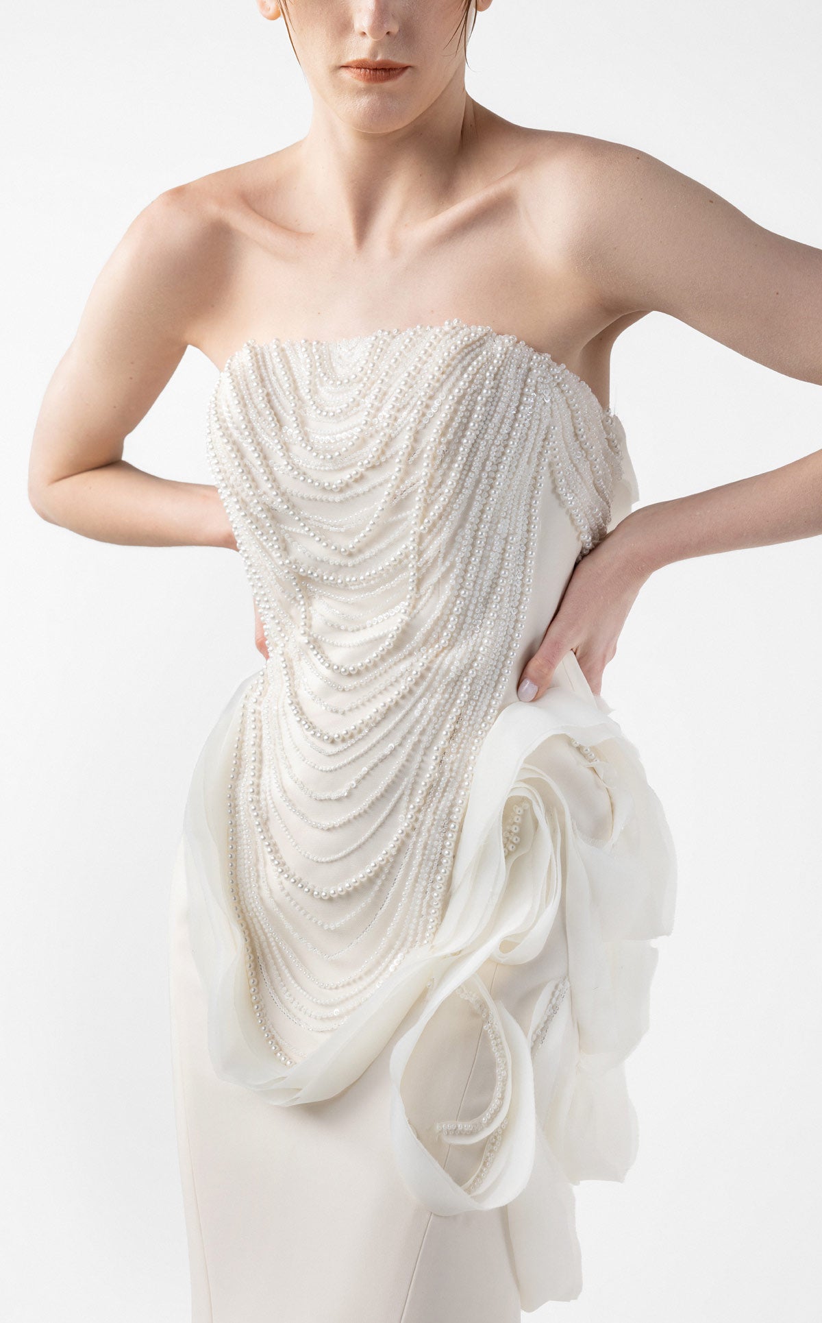 Iridescent Pearl Mermaid Gown with Petal Accents G2015