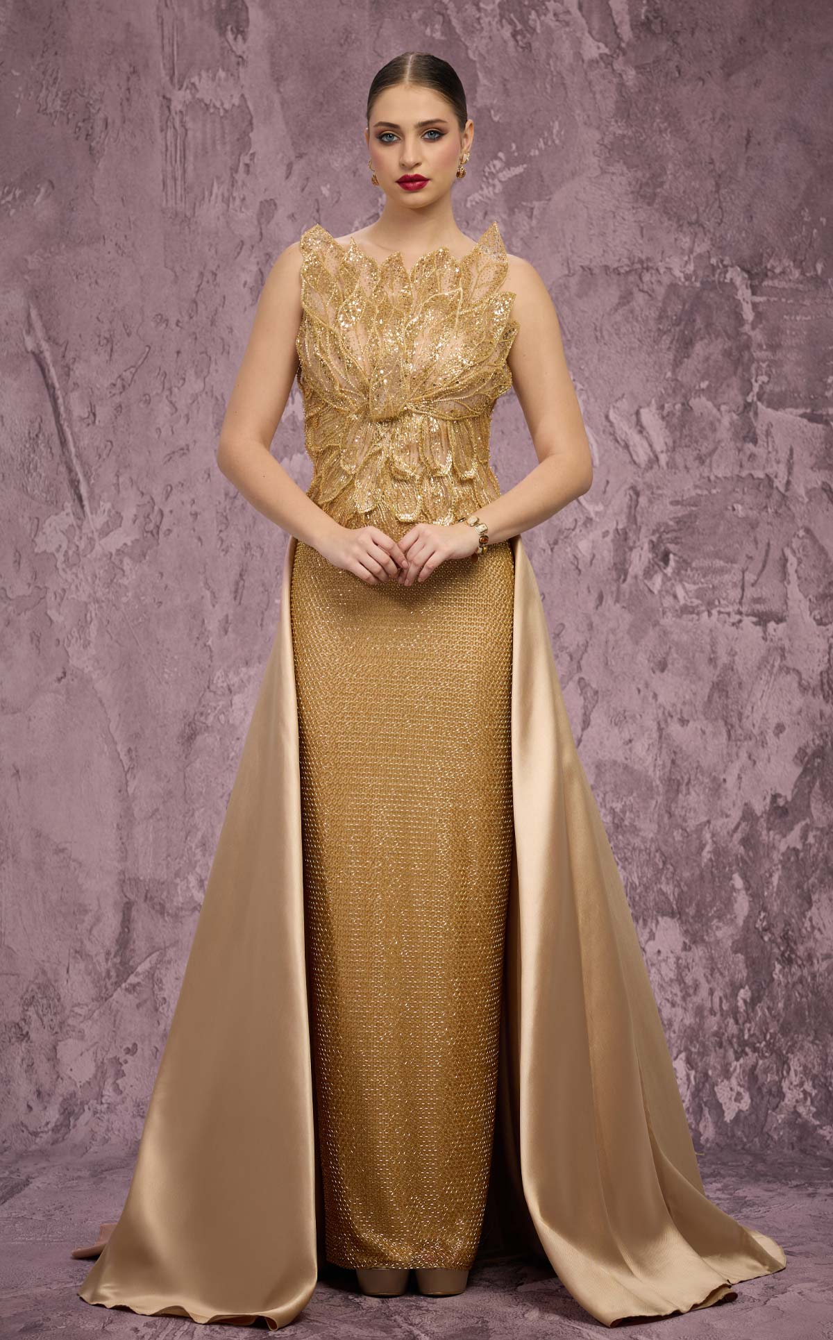 MNM Couture J03186: Beaded Column Gown with Peplum Train