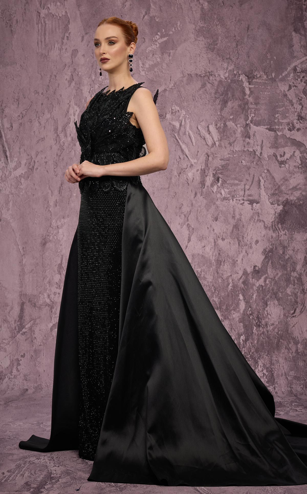 MNM Couture J03186: Beaded Column Gown with Peplum Train