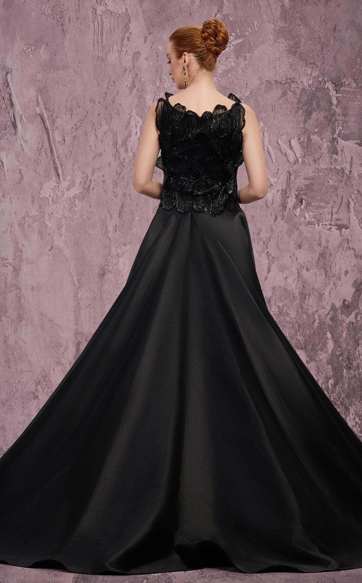 MNM Couture J03186: Beaded Column Gown with Peplum Train