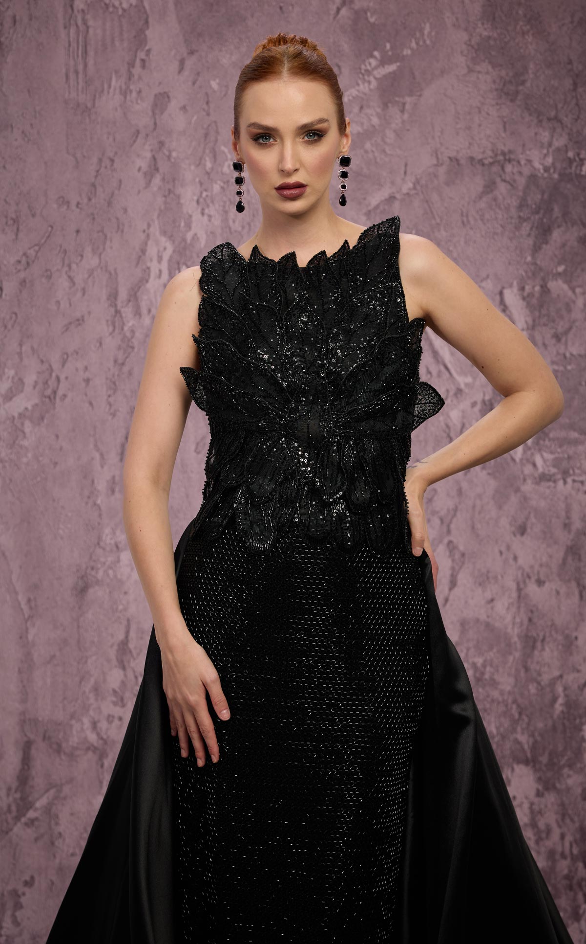 MNM Couture J03186: Beaded Column Gown with Peplum Train