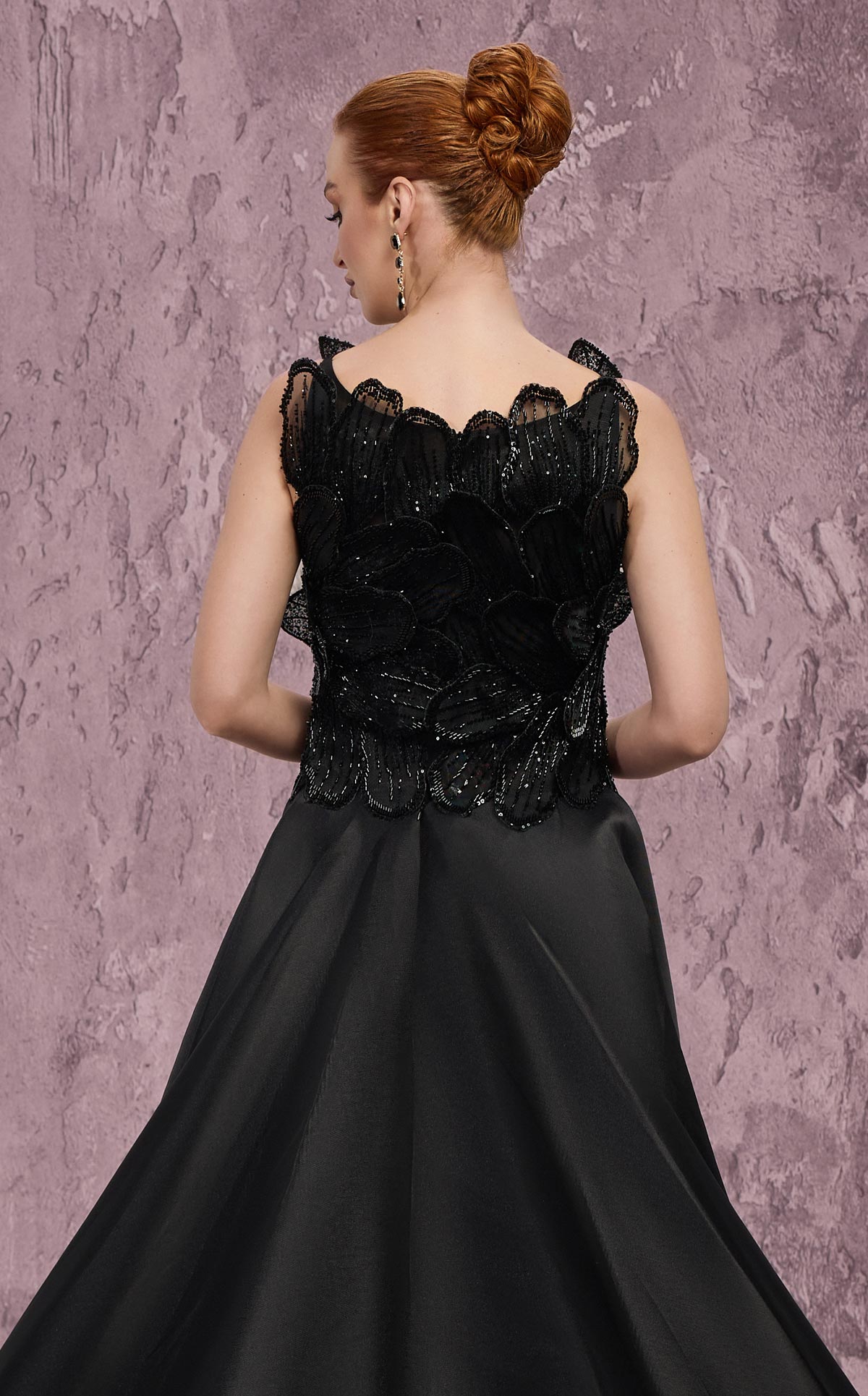 MNM Couture J03186: Beaded Column Gown with Peplum Train