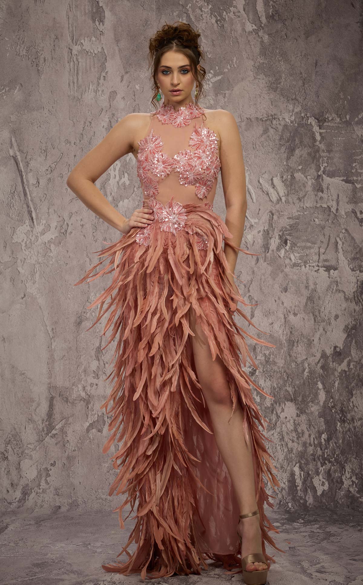 MNM Couture J03381: Feathered Skirt Column Gown