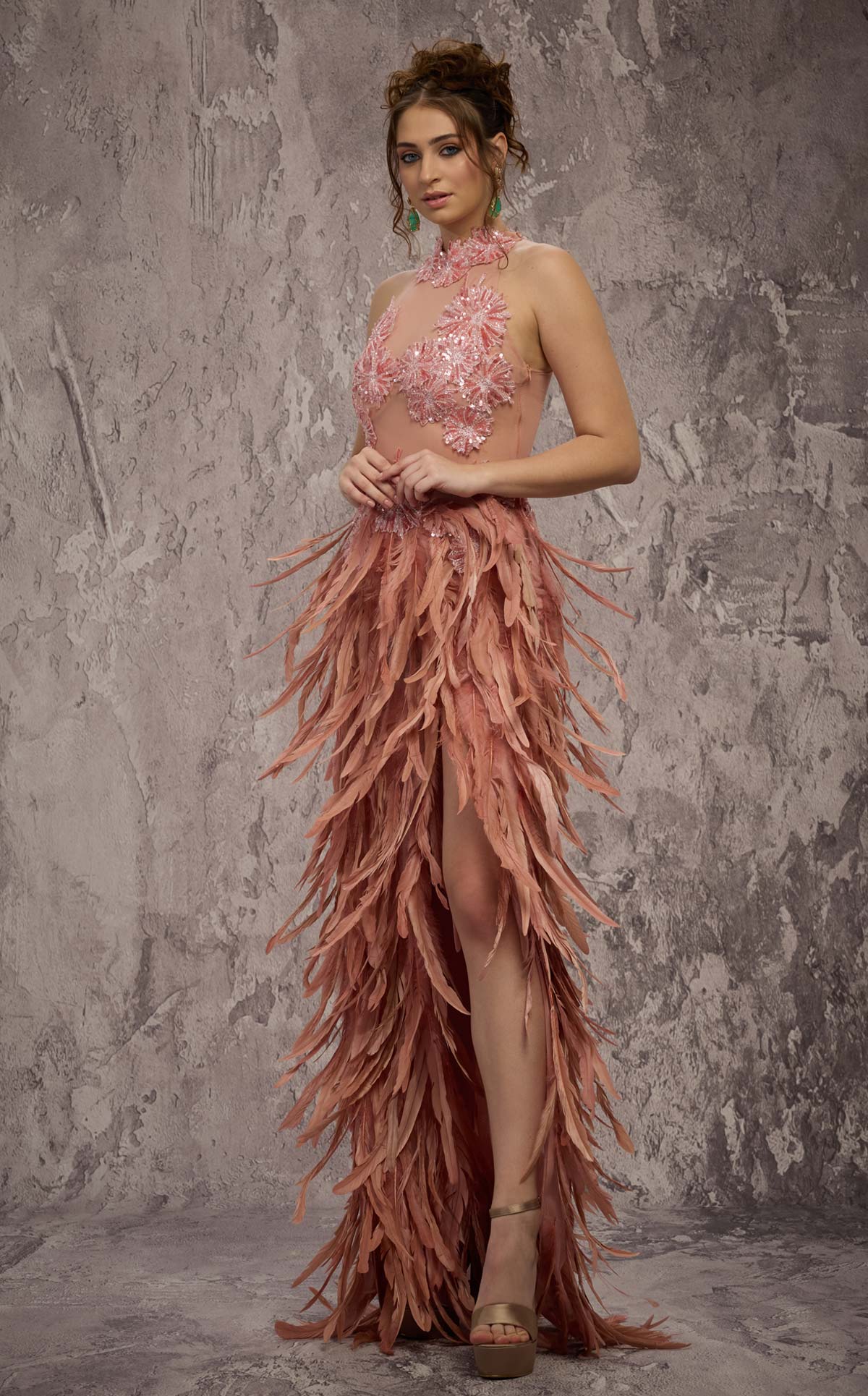 MNM Couture J03381: Feathered Skirt Column Gown