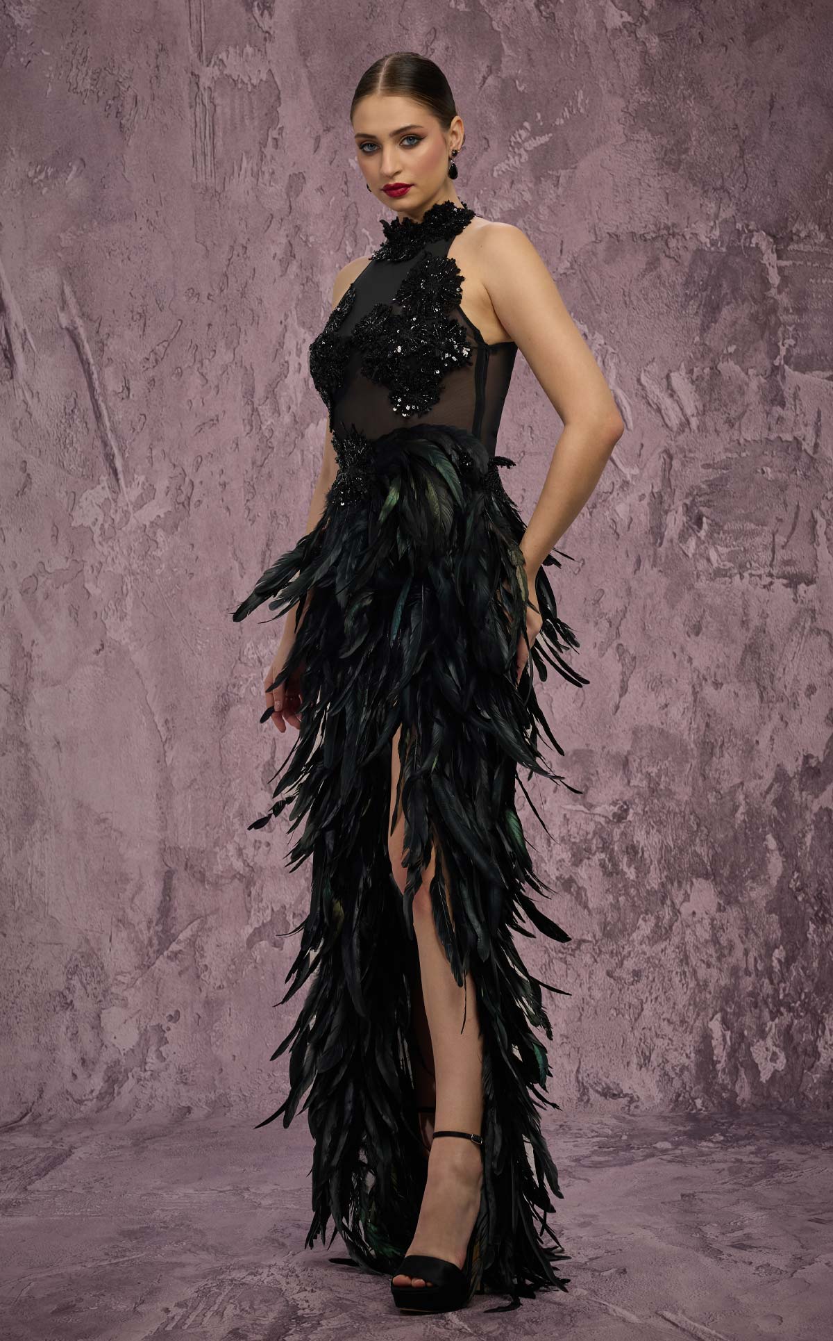 MNM Couture J03381: Feathered Skirt Column Gown