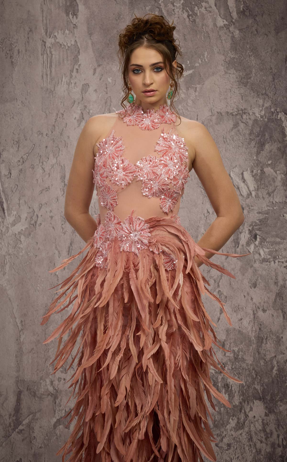 MNM Couture J03381: Feathered Skirt Column Gown