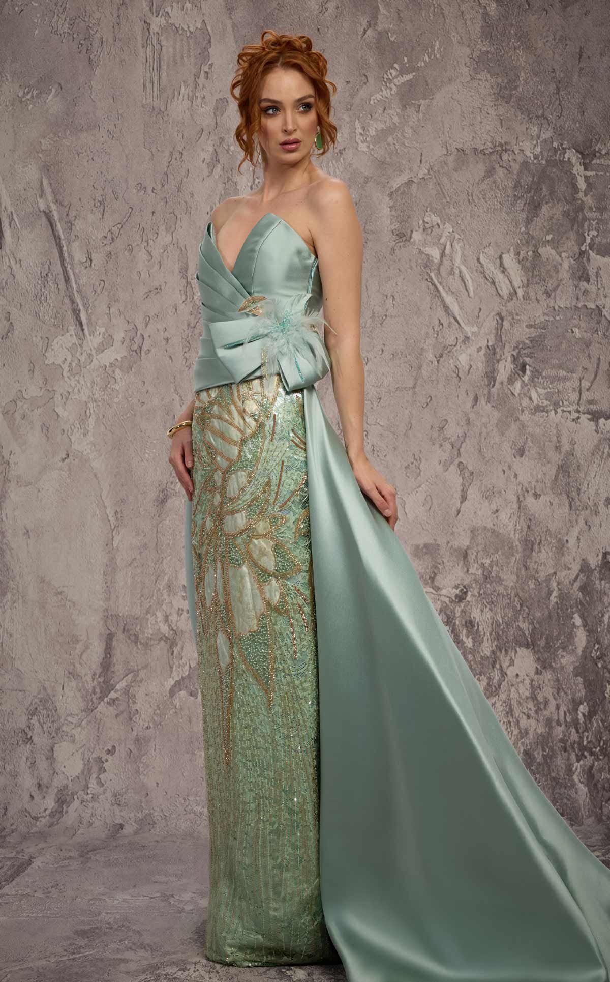 MNM Couture J03497: Satin & Beaded Column Gown with Train