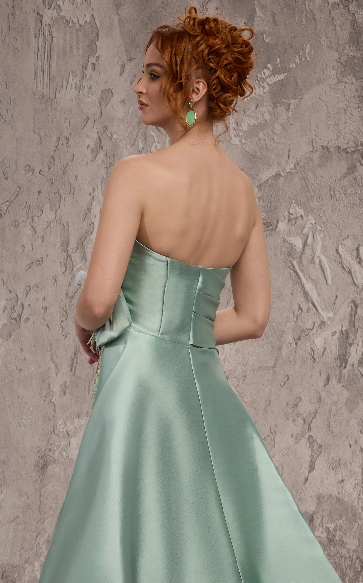 MNM Couture J03497: Satin & Beaded Column Gown with Train