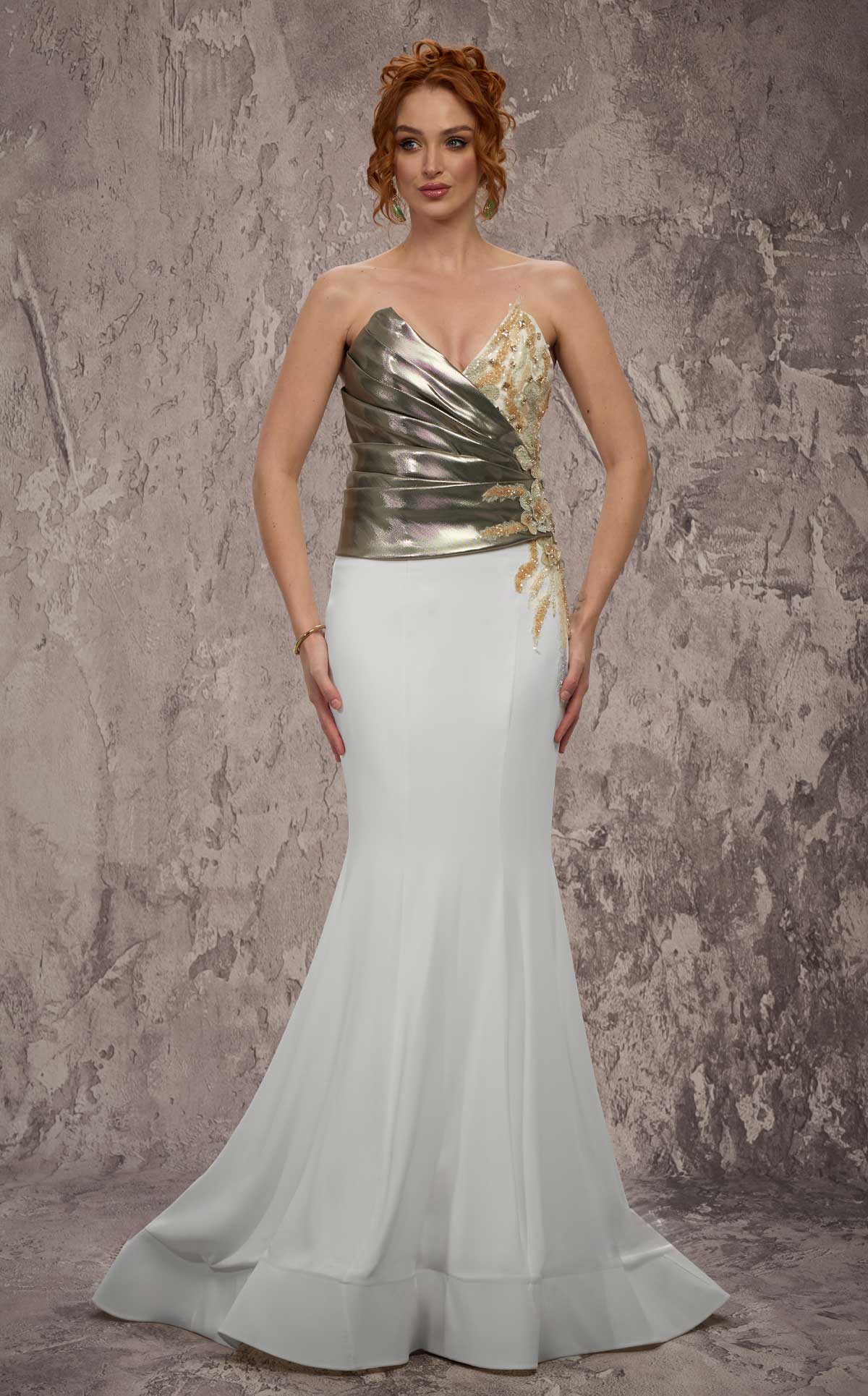 MNM Couture J03554: Metallic Overlay Mermaid Gown