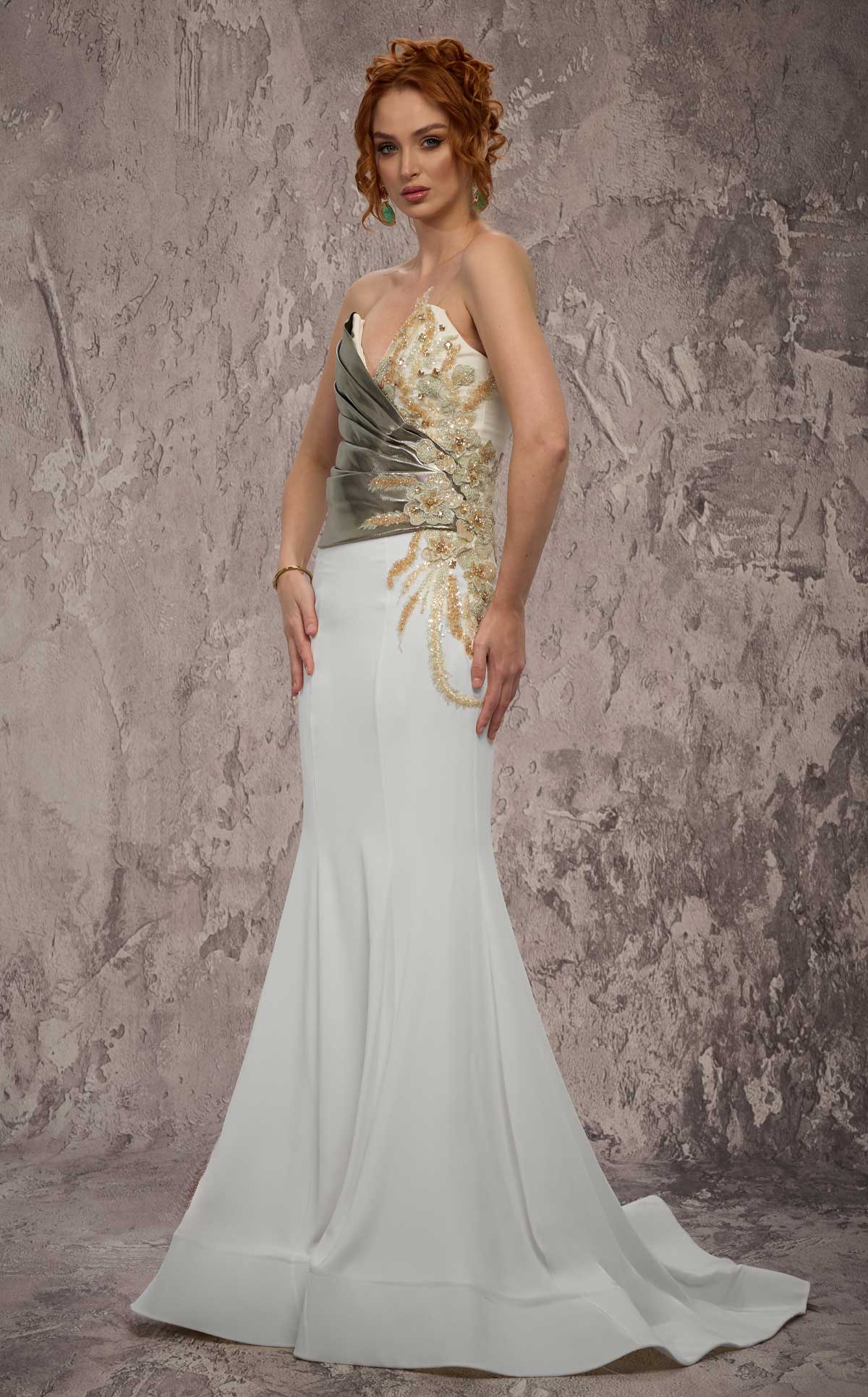 metallic wedding dress MNM Couture J03554: Metallic Overlay Mermaid Gown