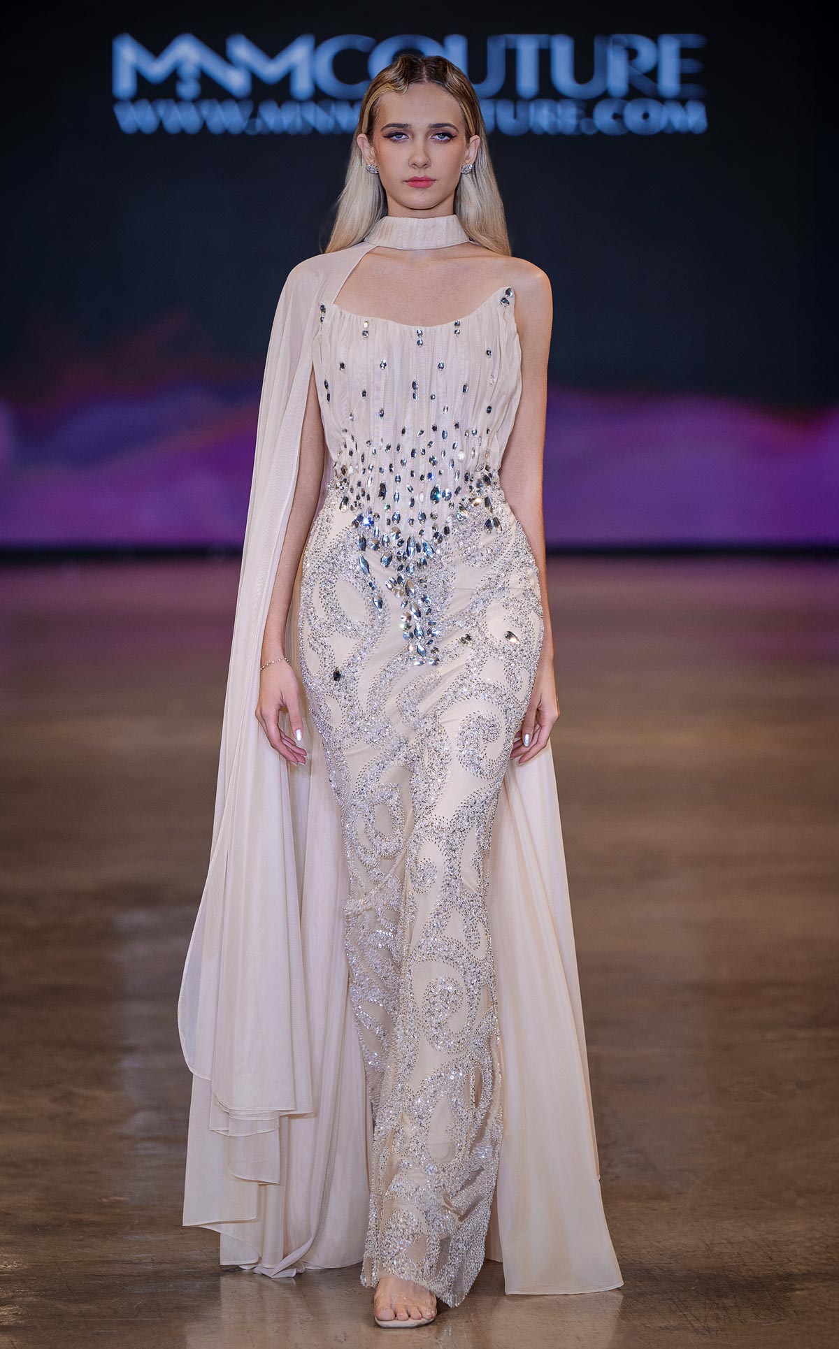 MNM Couture J03590: Embellished Chiffon Cape Gown