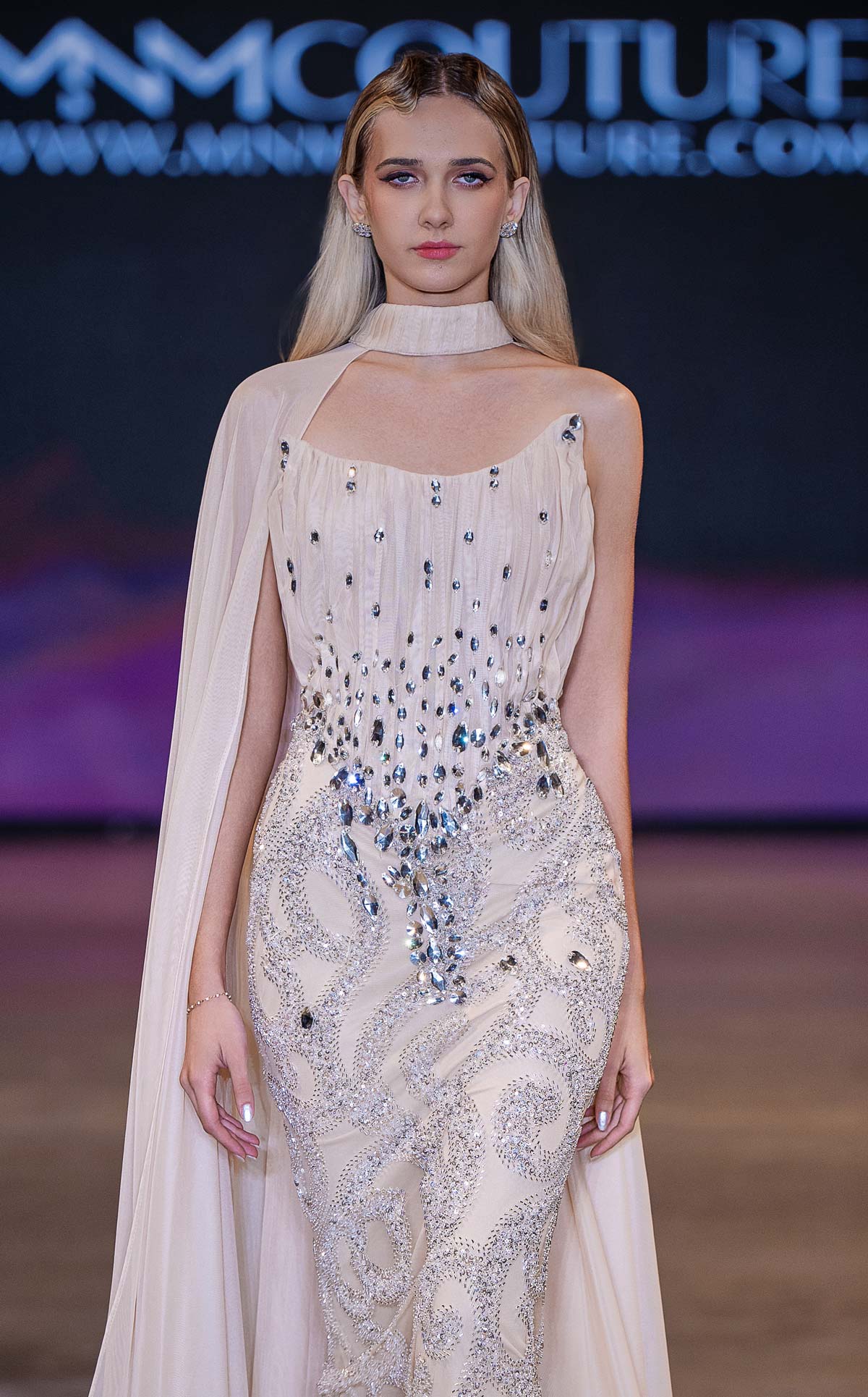 MNM Couture J03590: Embellished Chiffon Cape Gown