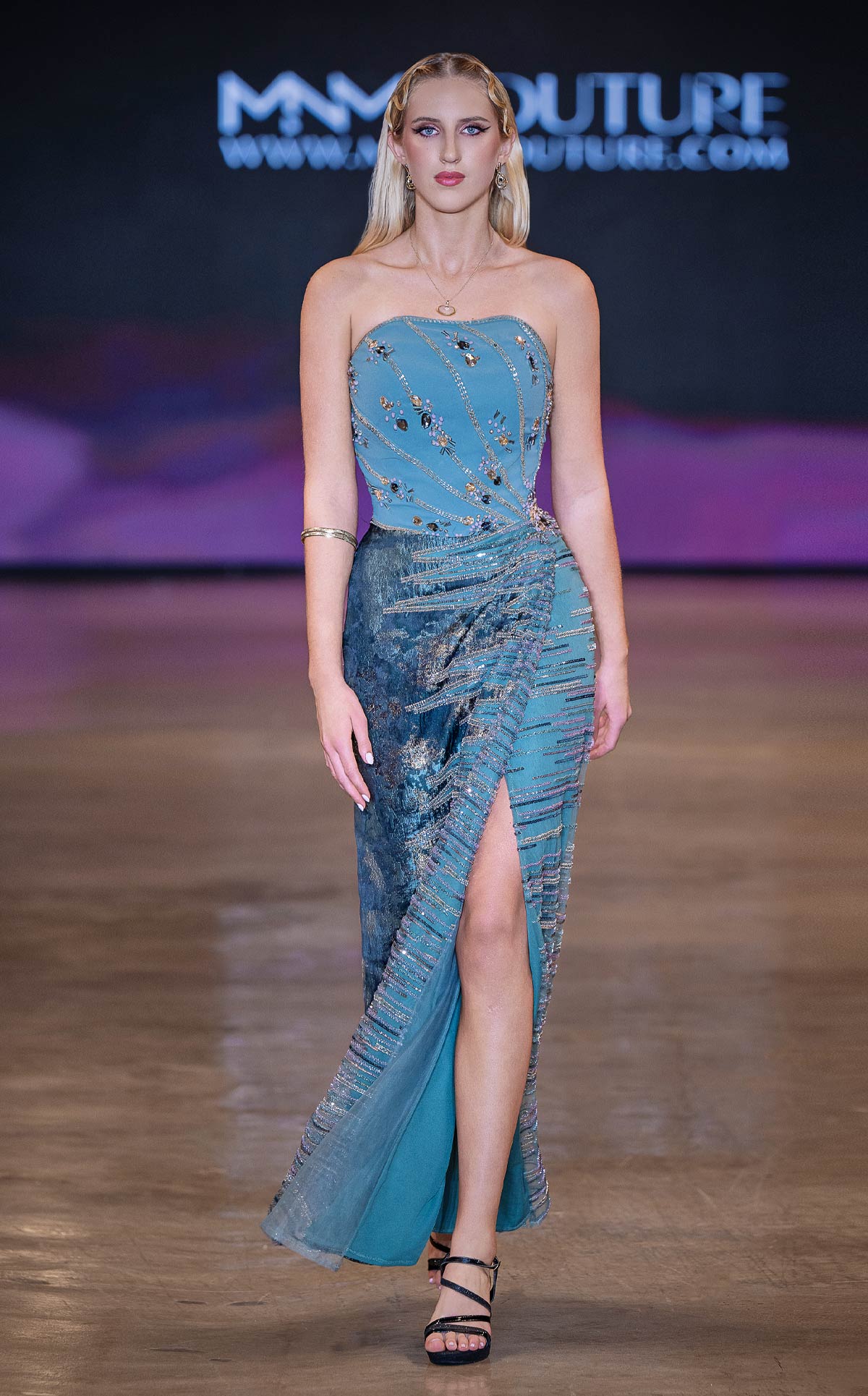 MNM Couture J03597: Crystal Bodice Slit Gown