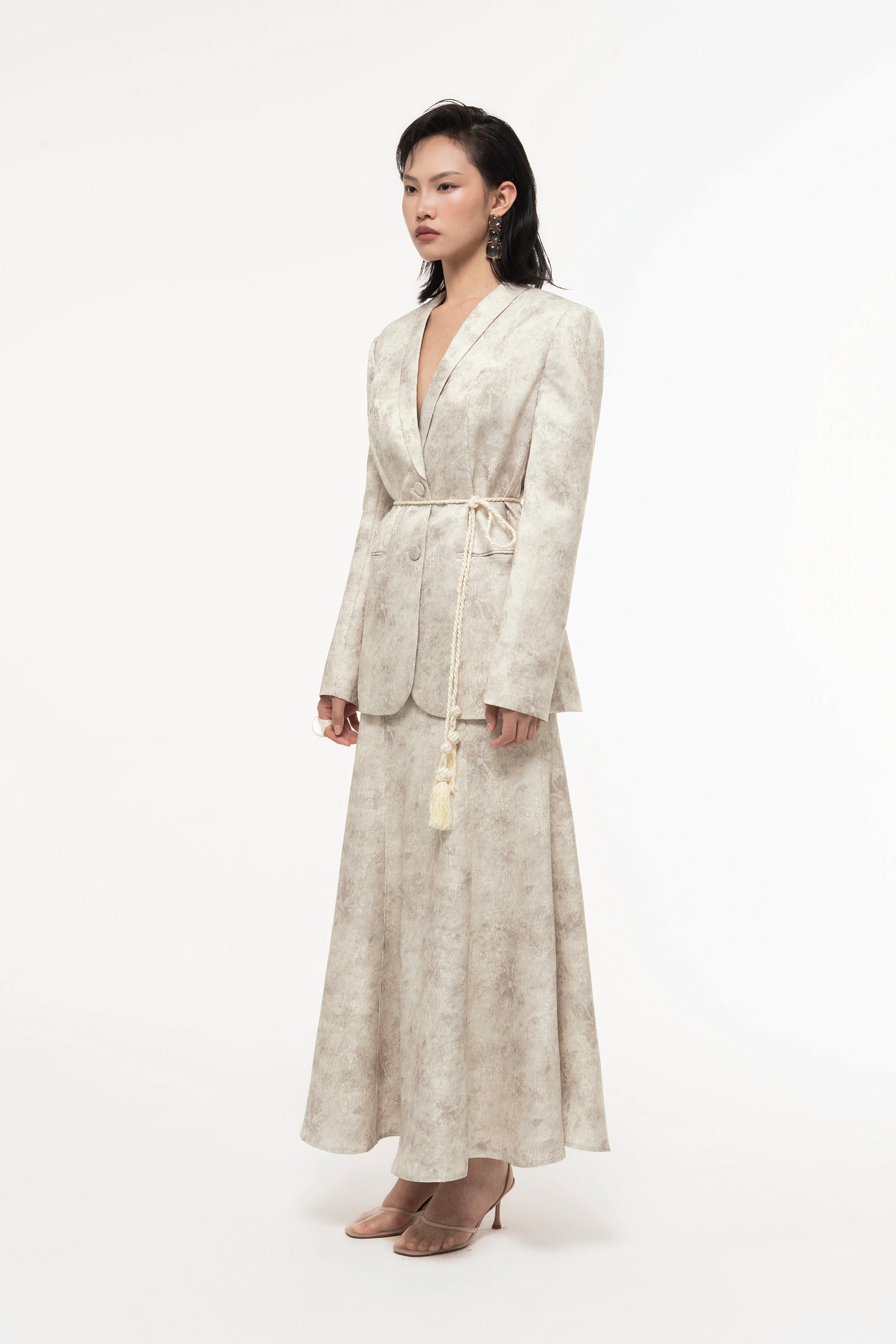 Jacquard V-Neck Blazer Skirt Set Design