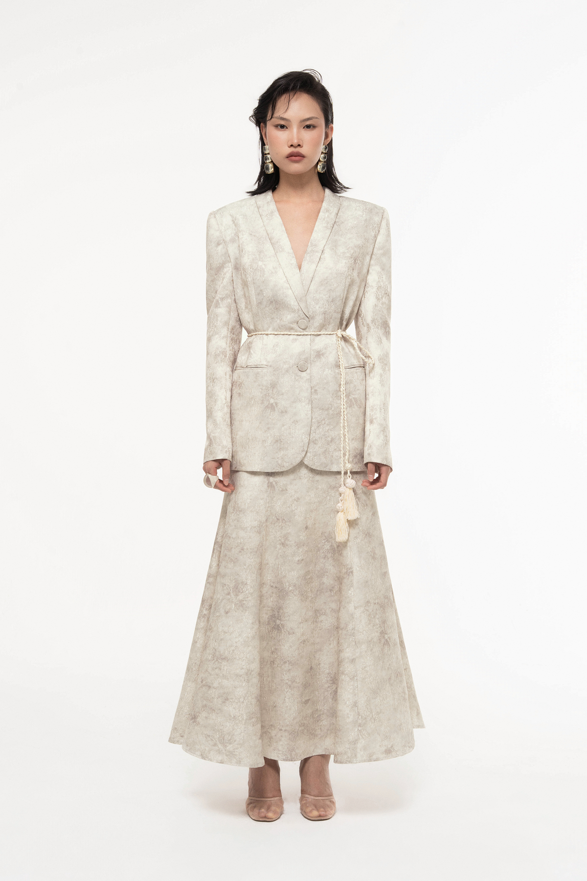 Jacquard V-Neck Blazer Skirt Set Design