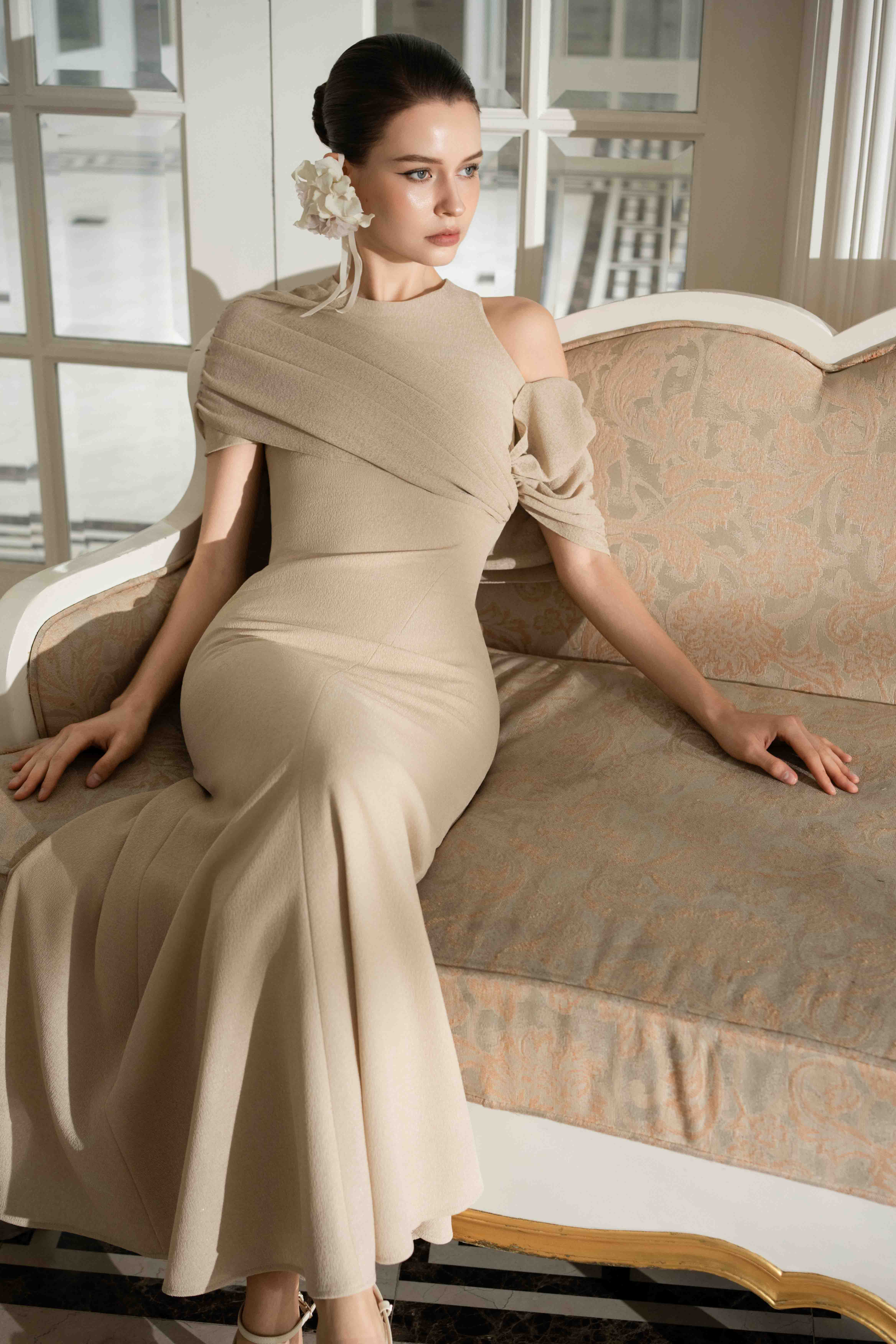 beige mermaid dress One-Shoulder Draped Mermaid Dress