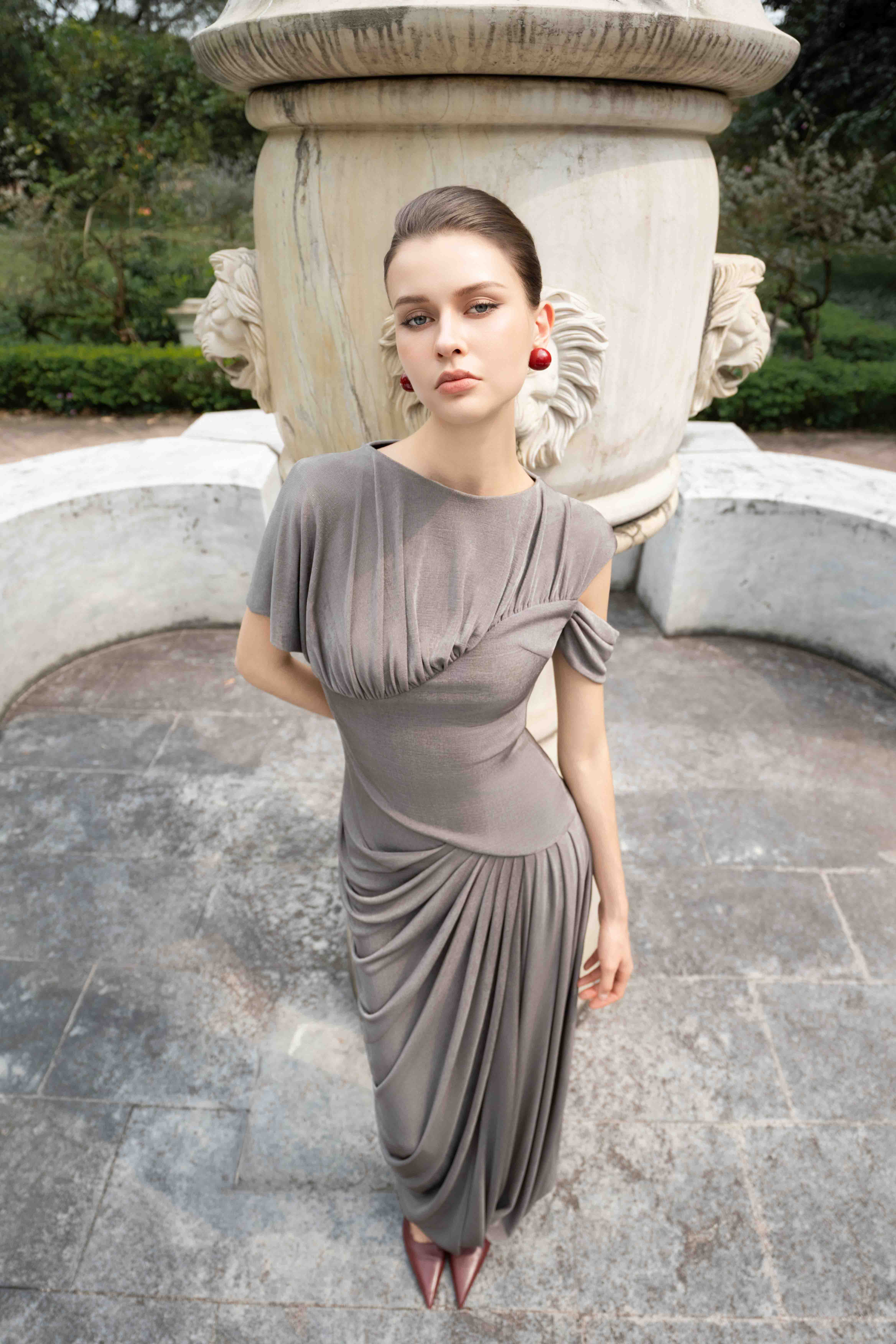 Eris Corset Dress in Ash | Asymmetric Draped Corset Evening Dress 3XL
