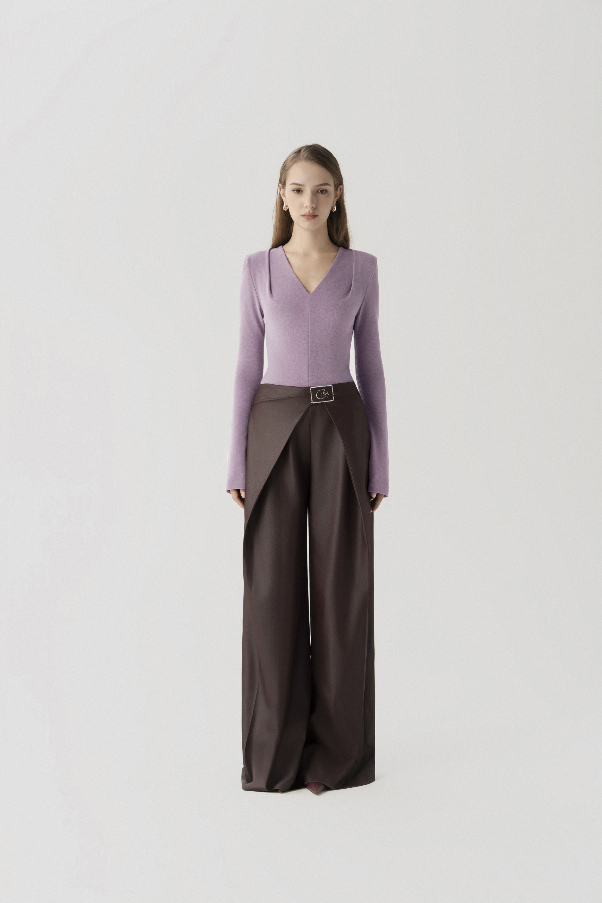 Double Knit Crepe Top in Lavender & Bordeaux Flow Trousers