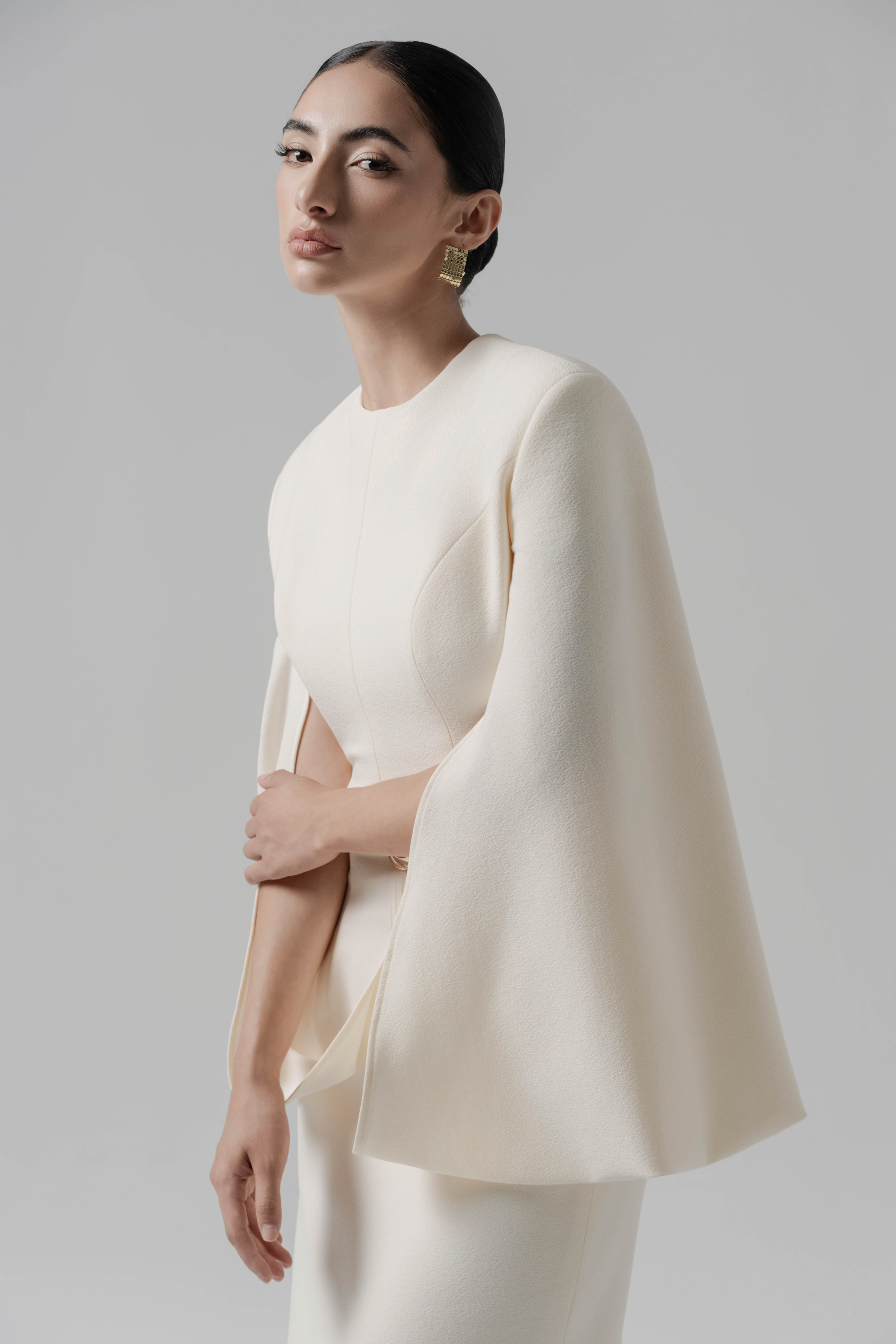 Ivory Curve Dress - Minimalist Cape Sleeves Metallic Belt XS