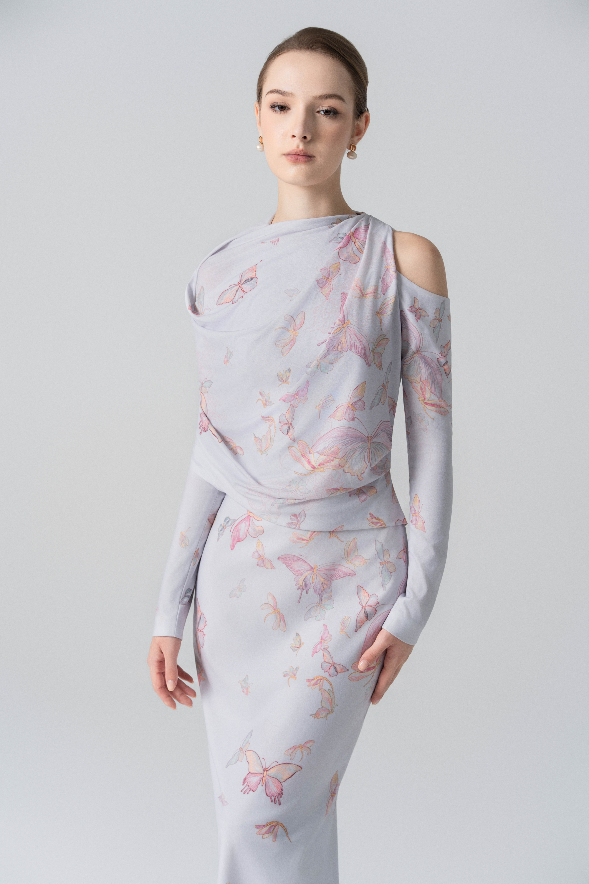 Misty Lilac Negligee Pencil Dress | Butterfly Print Gown