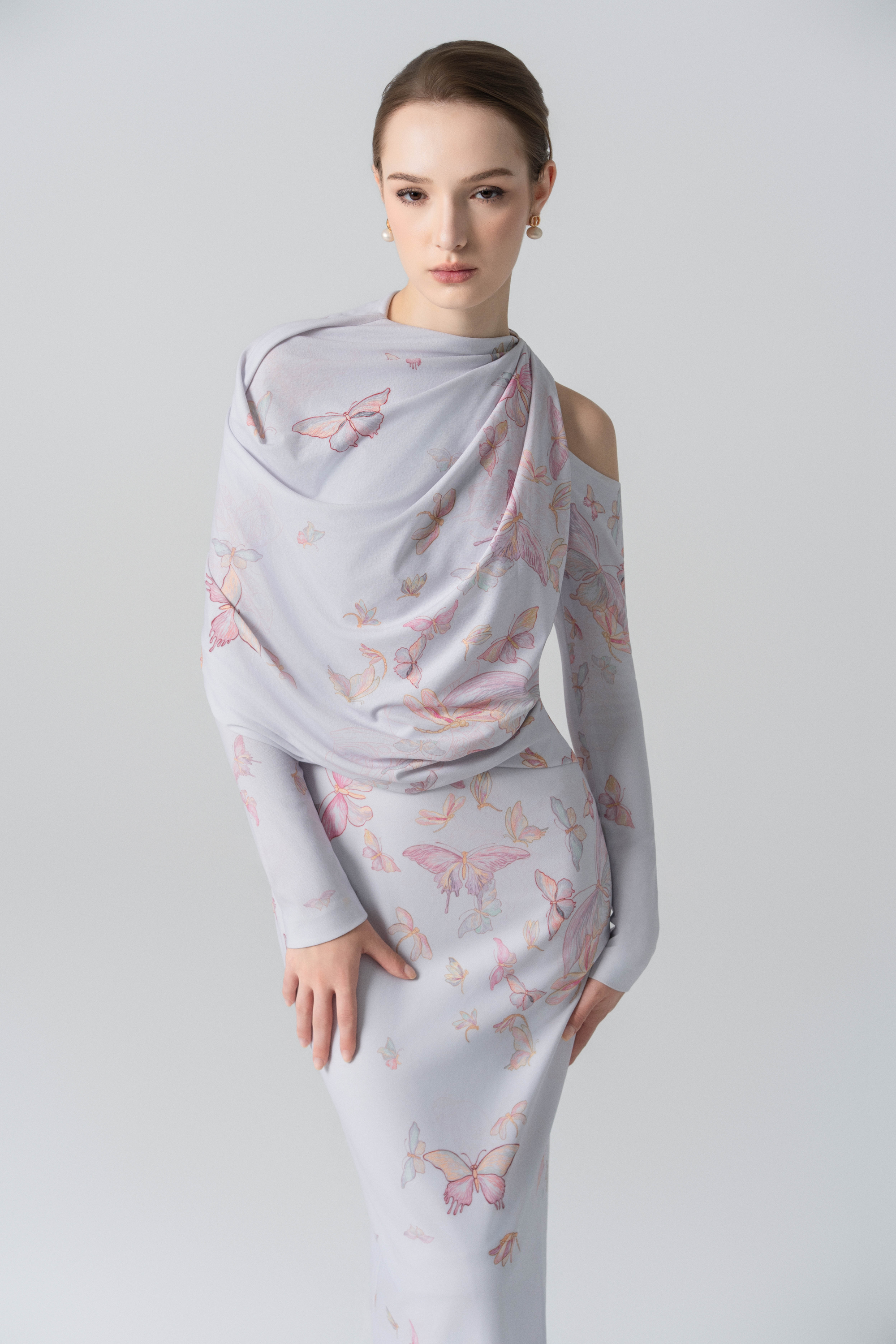 Misty Lilac Negligee Pencil Dress | Butterfly Print Gown 3XL