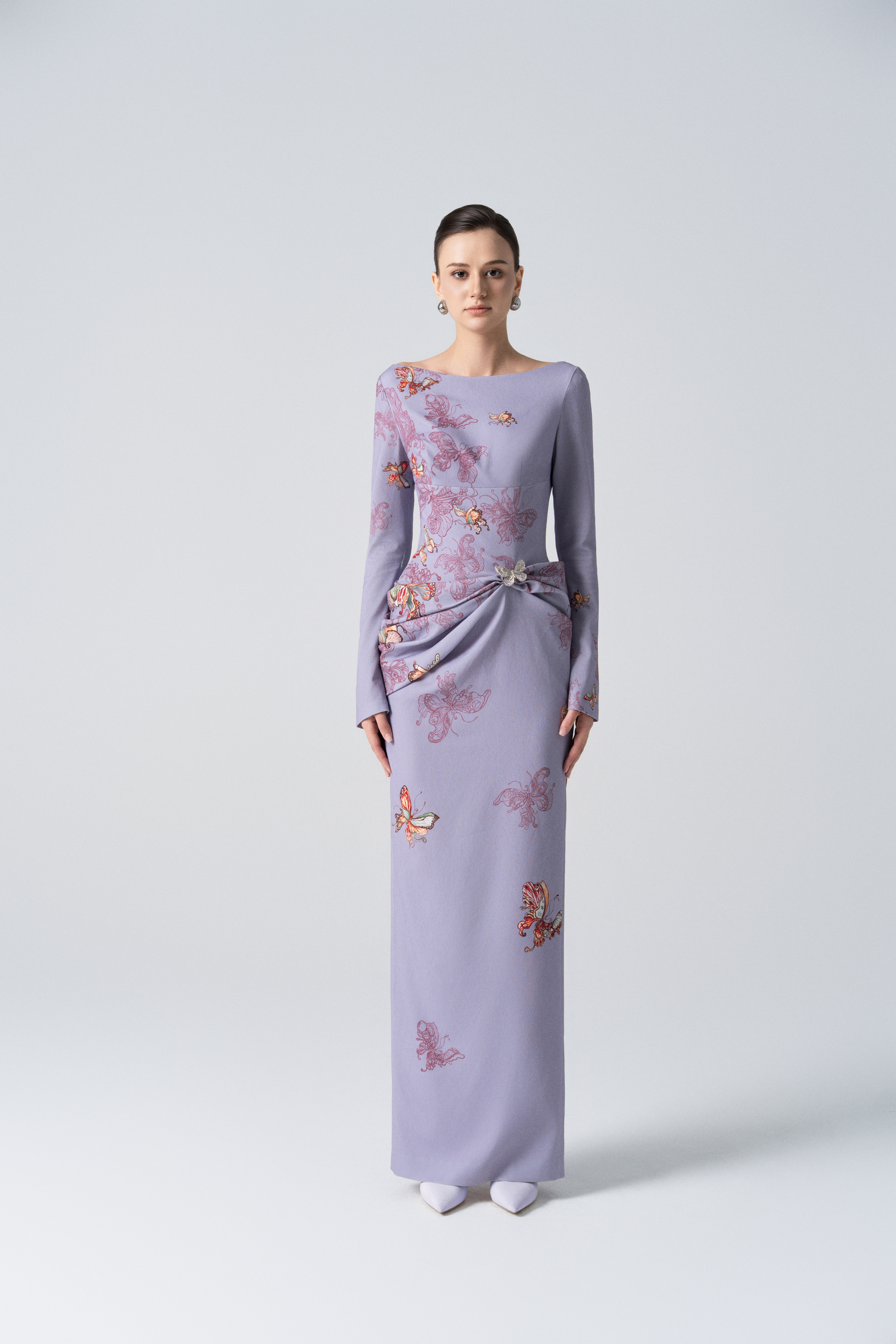 Butterfly Veil Pencil Dress in Purple Ash