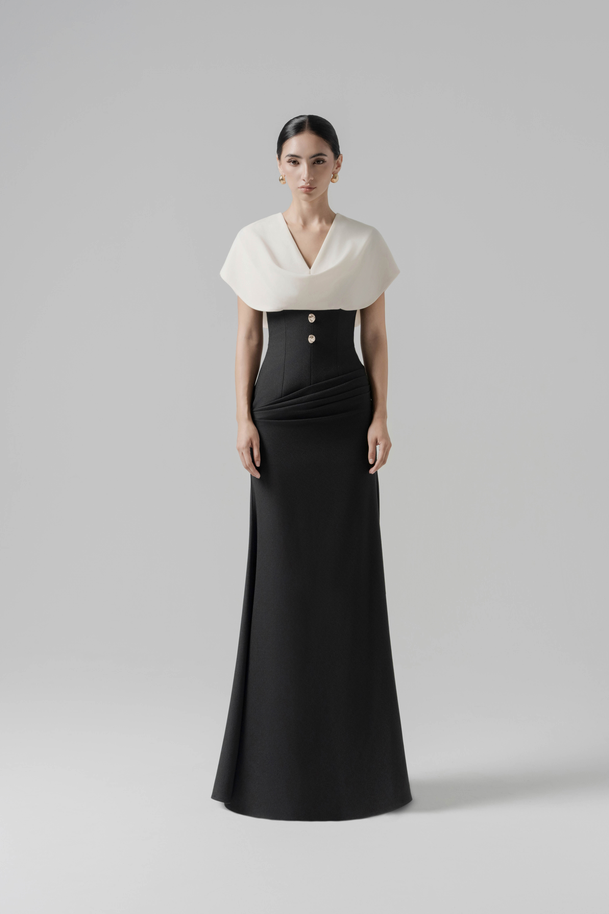 Nest Peplum Dress - Cream & Black Midi with Cowl Neck Nest Peplum Dress - Cream & Black Midi with Cowl Neck