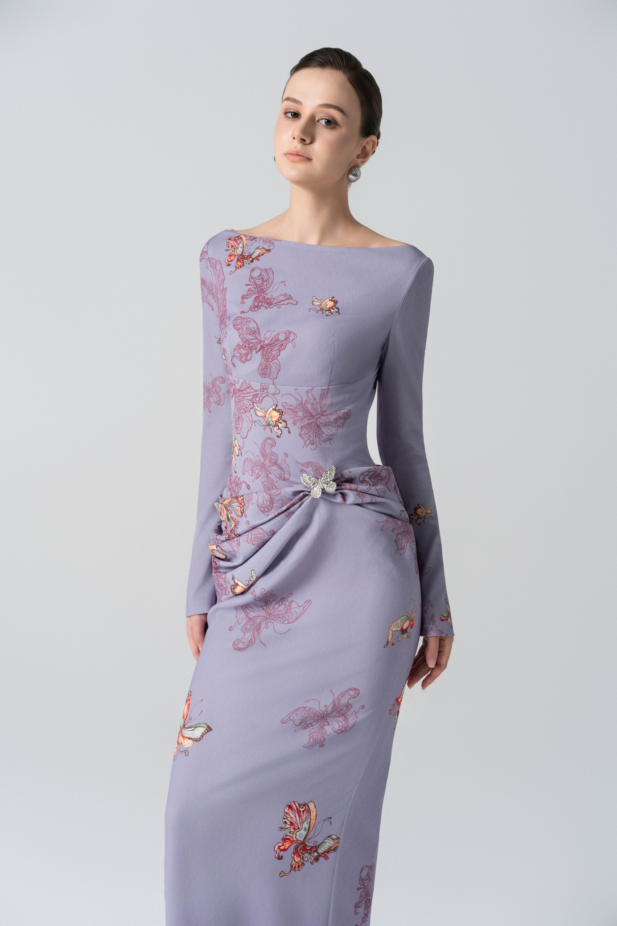 Butterfly Veil Pencil Dress in Almond Oil