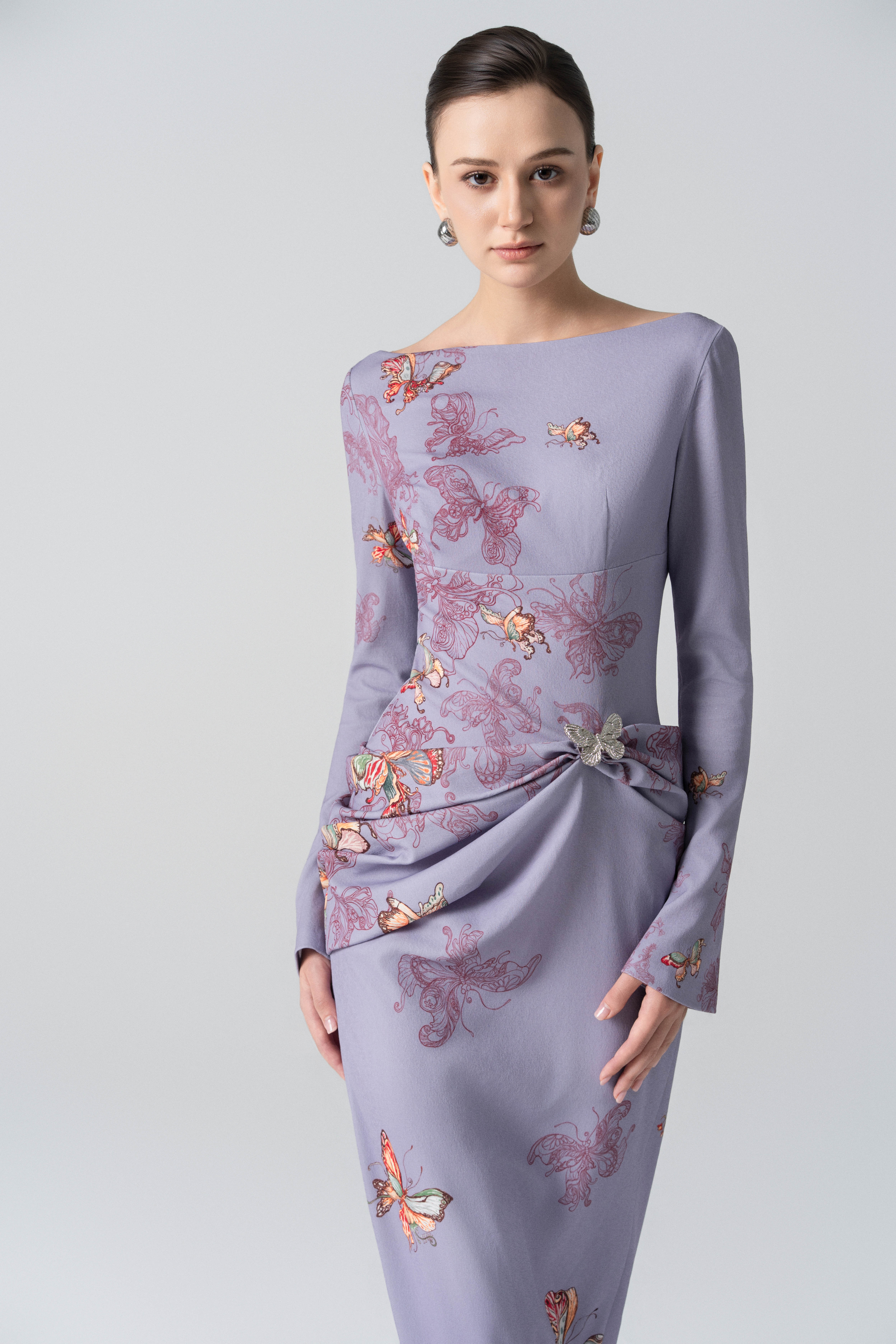 Butterfly Veil Pencil Dress in Almond Oil