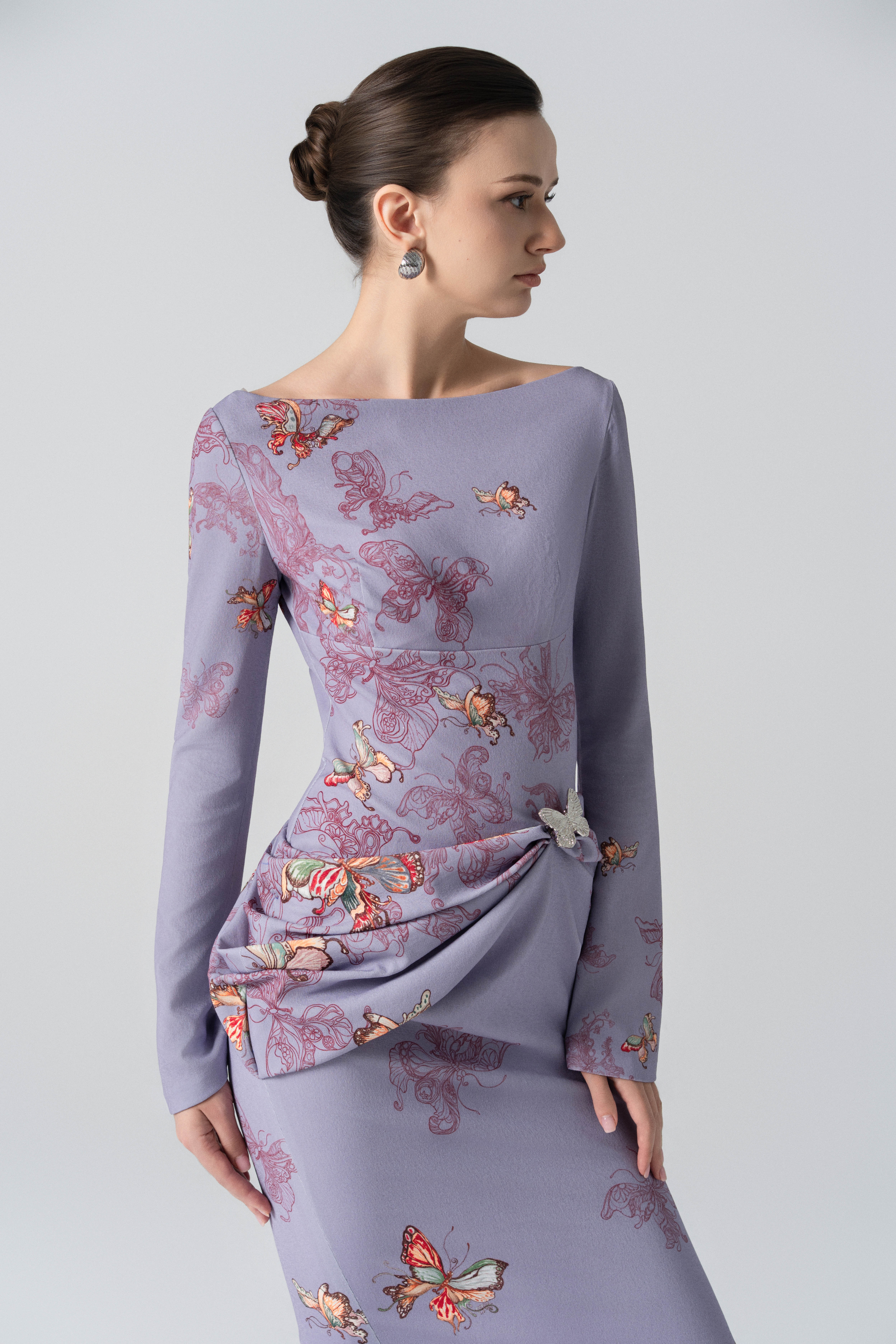 Butterfly Veil Pencil Dress in Purple Ash