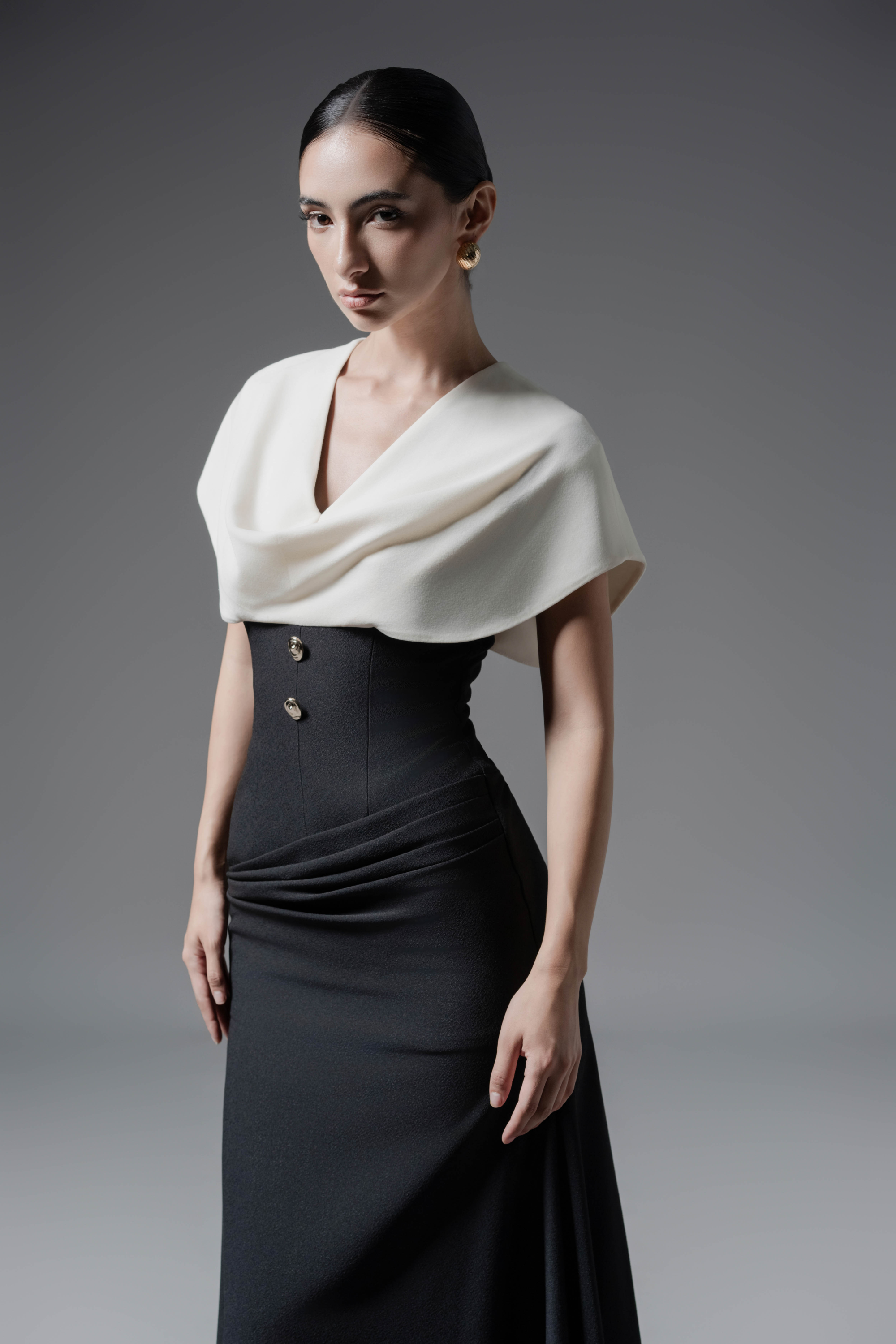 cream and black peplum dress Black And Beige Peplum Midi Dress With Slit