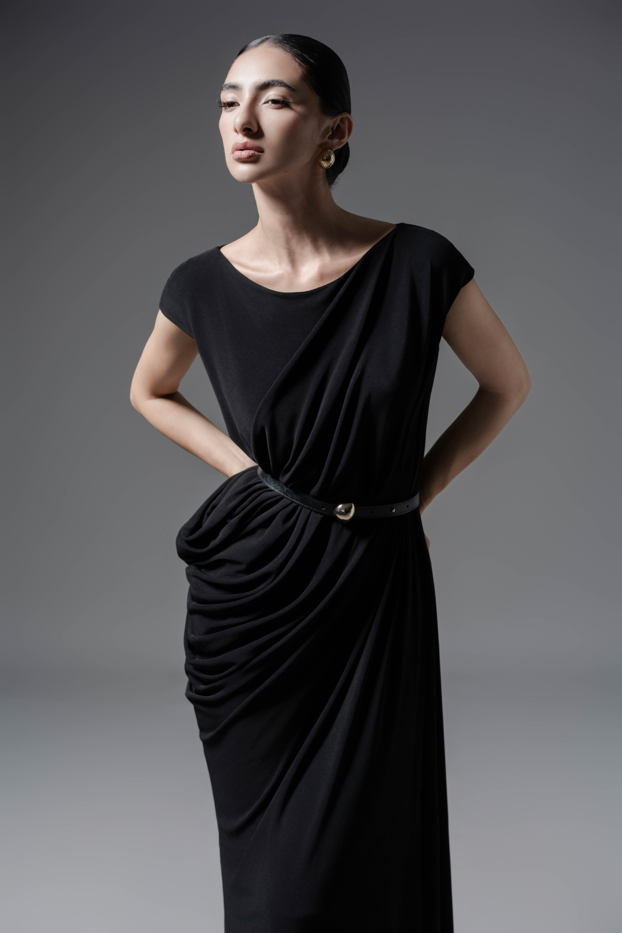 cape dress midi Dune Cape Dress - Cream & Black Midi with Detachable Cape XL