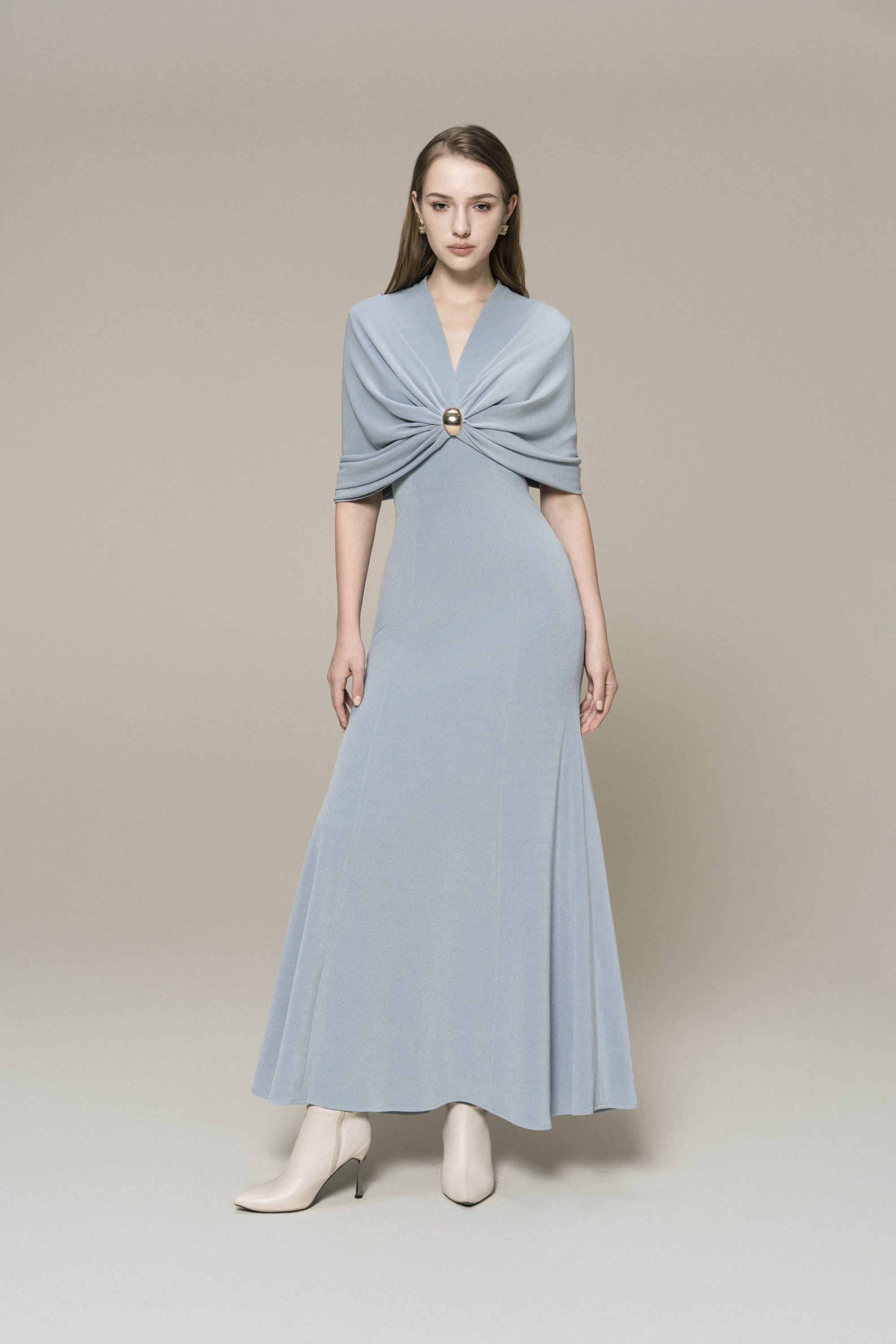 Halo Peplum Midi Dress in Sky Blue