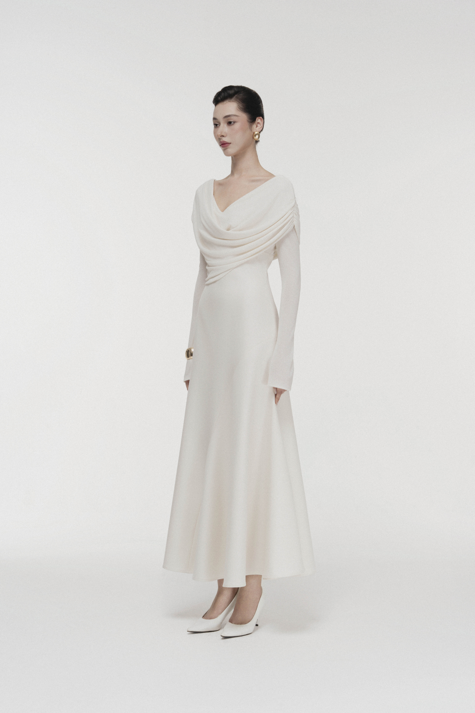 white mermaid midi dress Soft-Drape Mermaid Dress in Cream