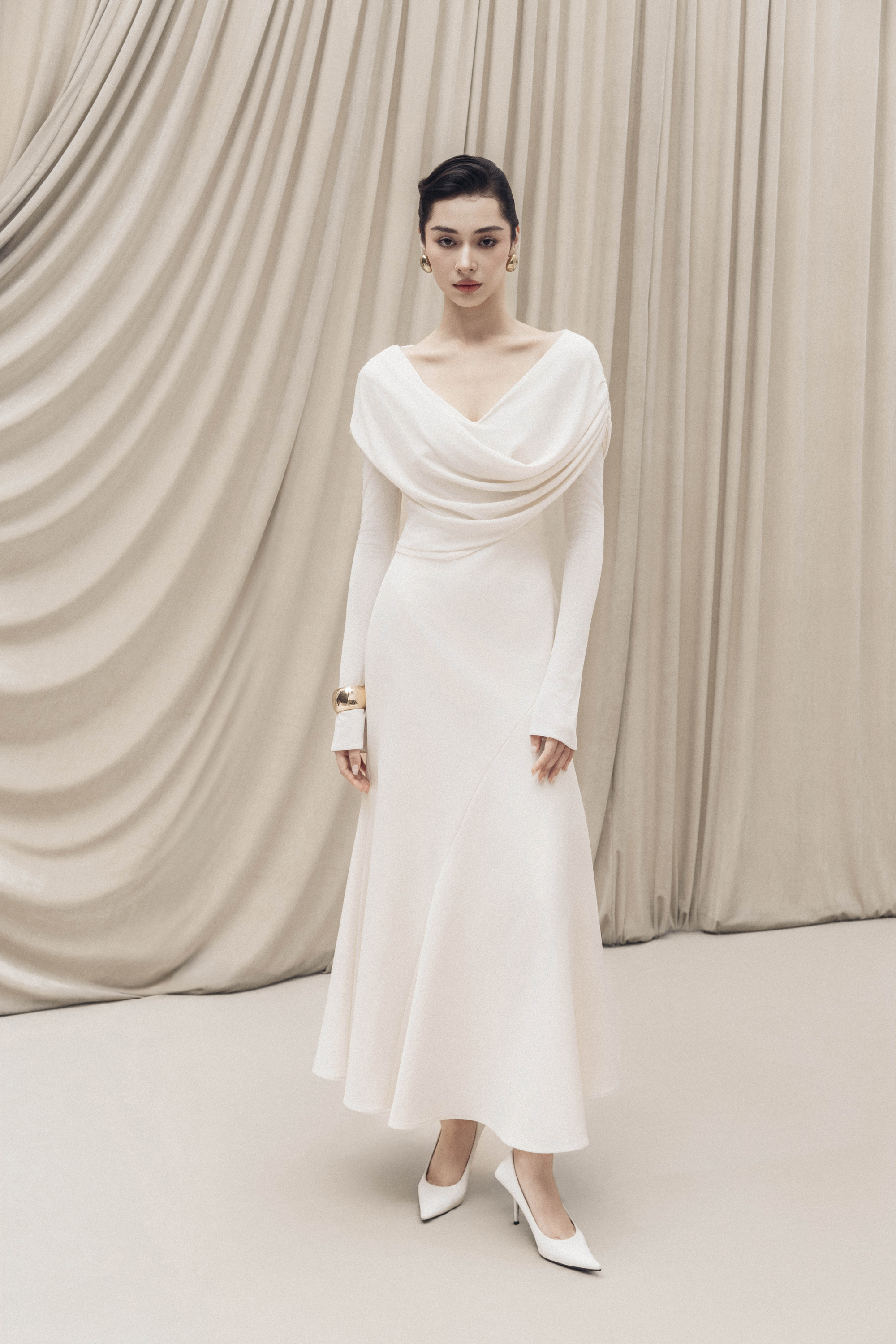mermaid fabric dress Soft-Drape Mermaid Dress in Cream | Elegant Midi Dress XL