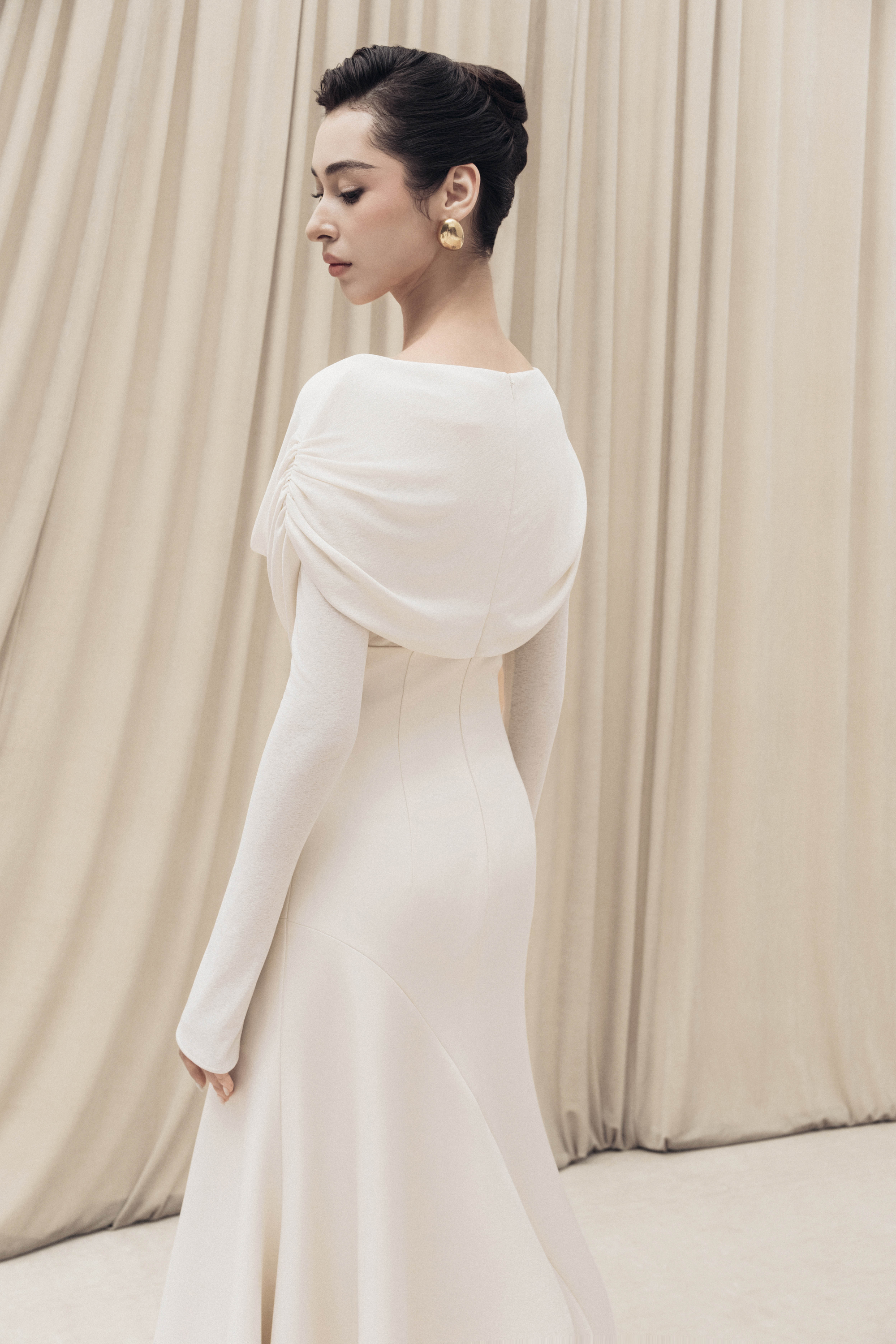 soft mermaid dress Soft-Drape Mermaid Dress in Cream | Elegant Midi Dress XL