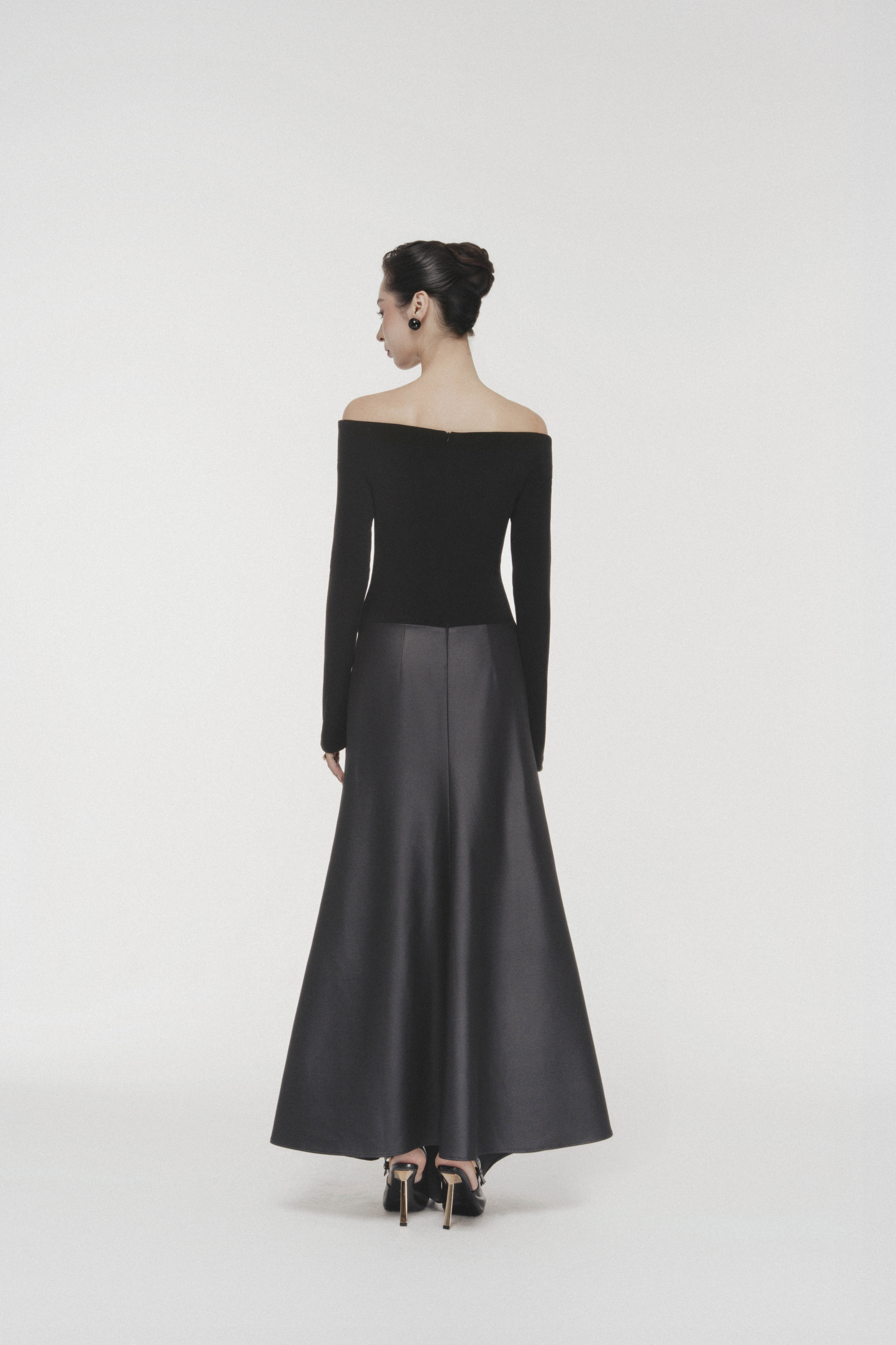 Asymmetric Off-Shoulder A-Line Midi in Black